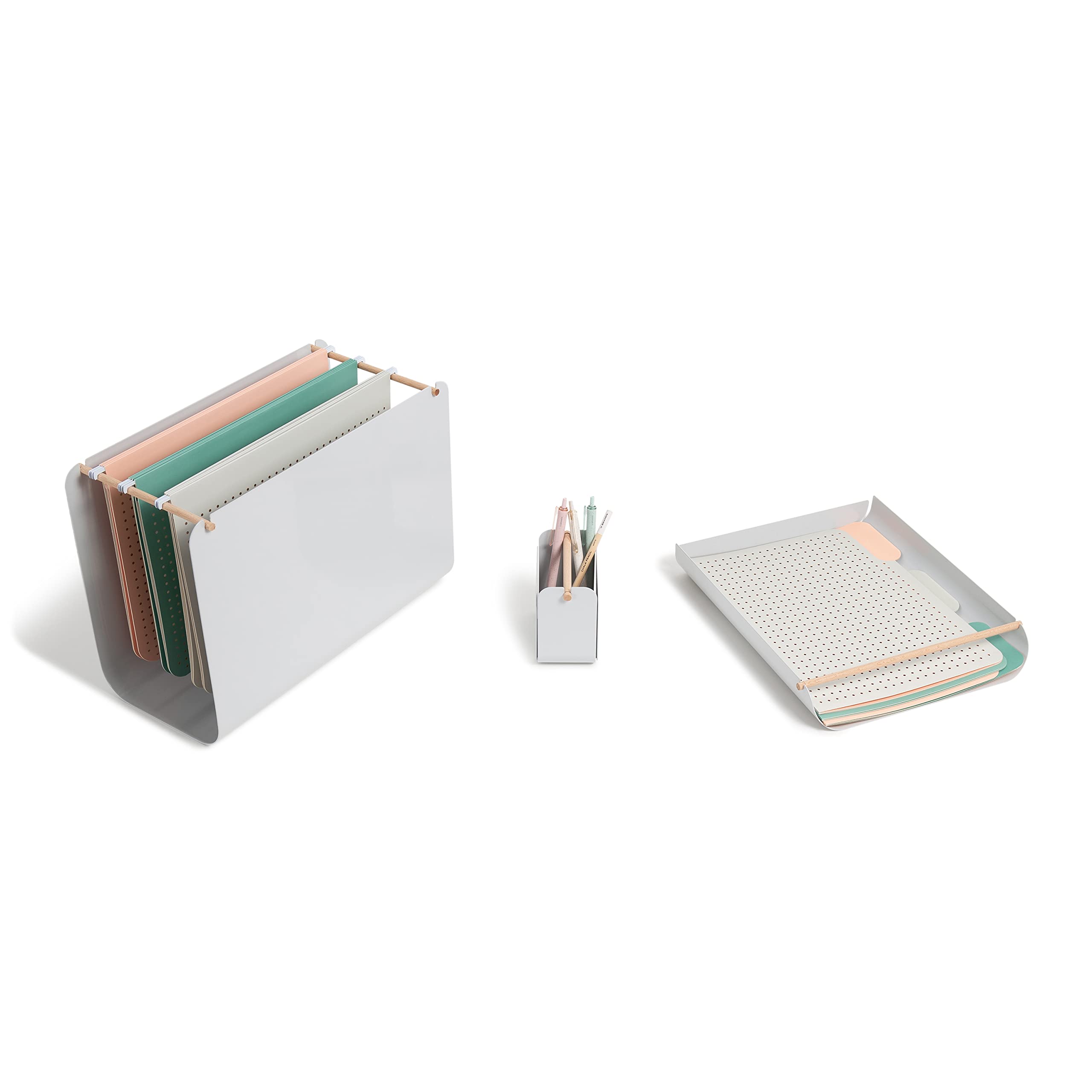 U Brands Arc Desk Filing Kit, Office Supplies, Gray, With Paper Tray, File Box, Pencil Cup, 3 Pieces