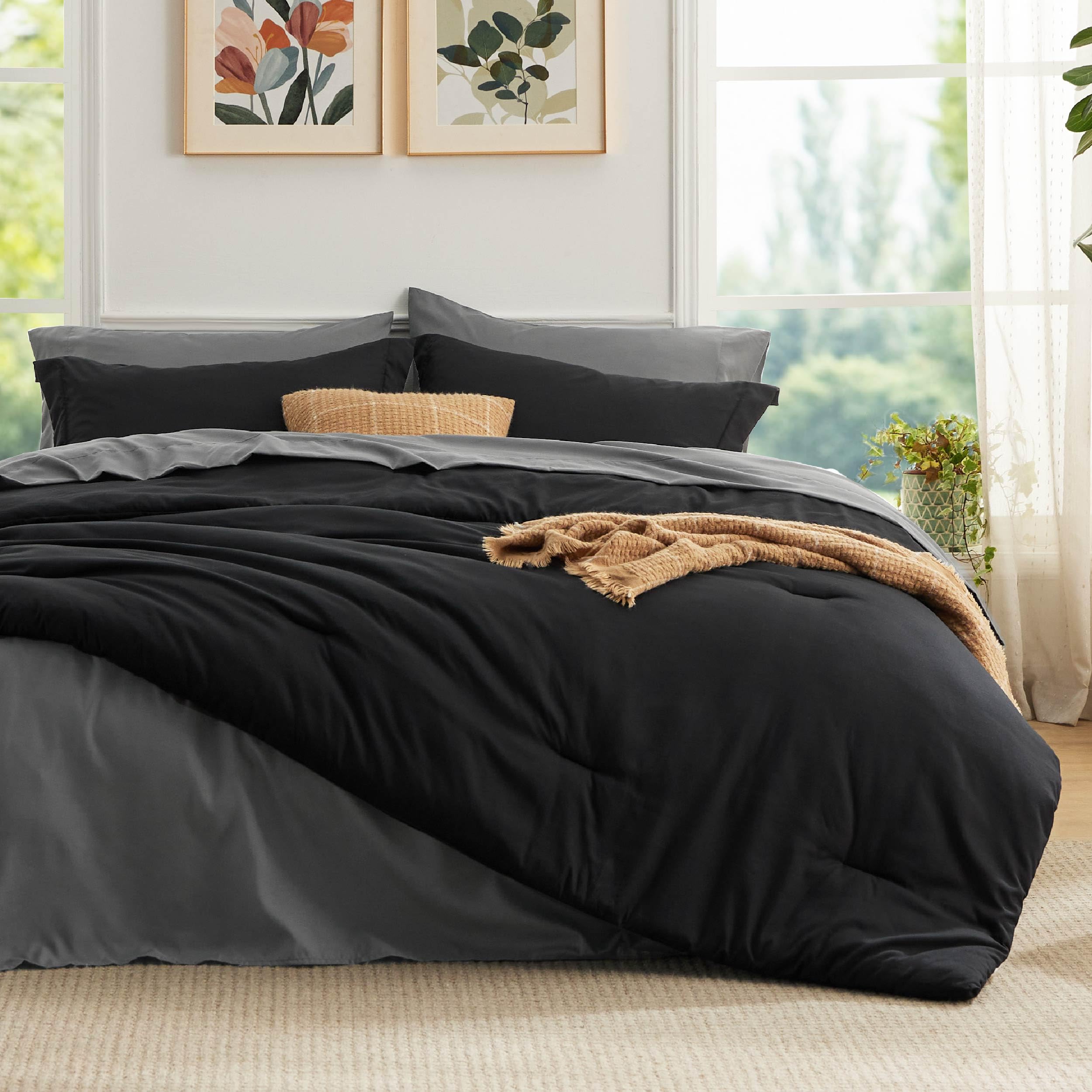 Bedsure Black And Grey Twin Comforter Set Black And Grey And Grey, 5 Pieces Lightweight Twin Bedding Sets Boho, Bed In A Bag With Comforter, Sheets, Pillowcase & Sham