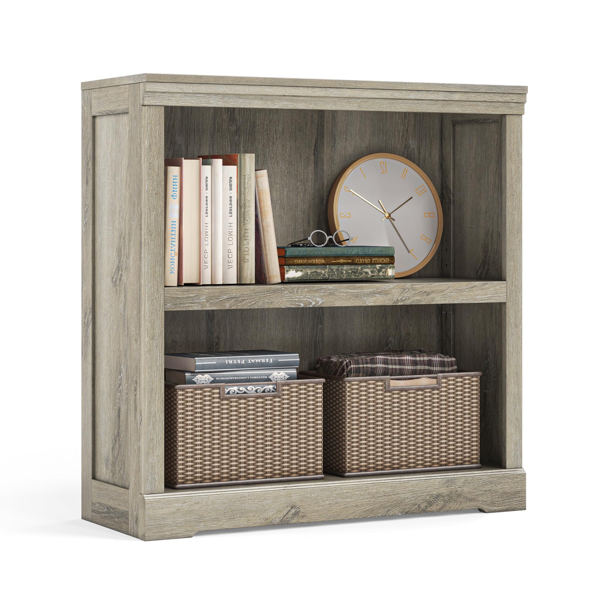 Linsy Home 2-Tier Bookcase And Bookshelf, Small Wood Display Storage Shelves Farmhouse Bookshelf For Home Office, Living Room, Bed Room - Light Brown