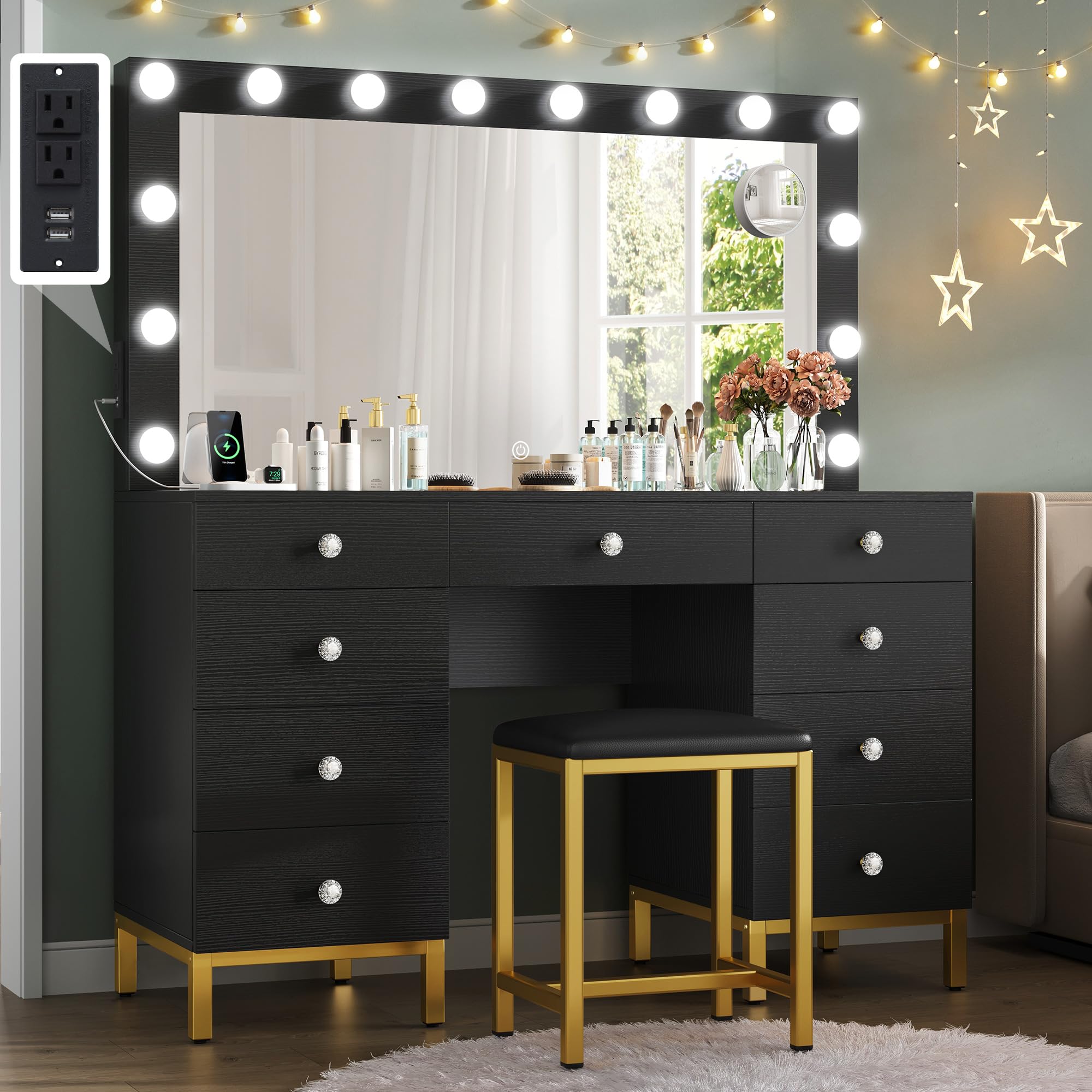 Dwvo Makeup Vanity Set With Lighted Mirror, Power Outlet And 14 Lights, Vanity Desk With 9 Drawers, 3 Color Modes Available For Bedroom, Black 46Inches