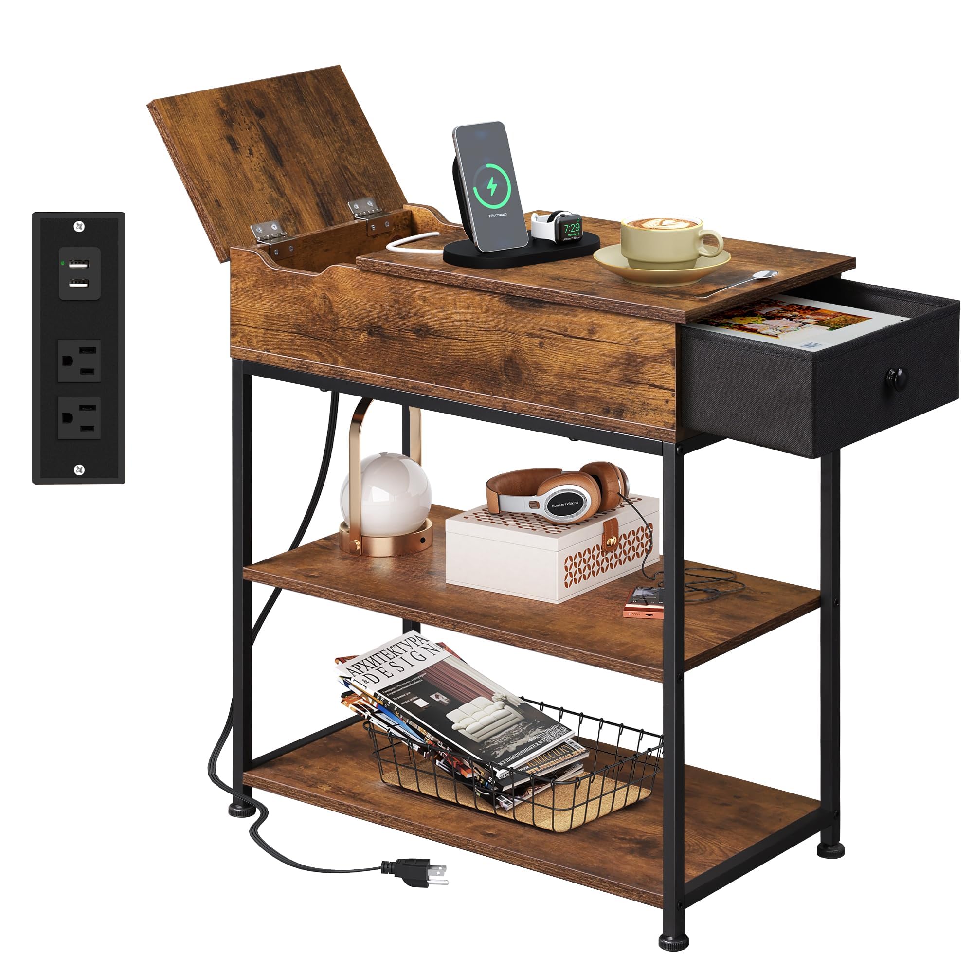 Wlive Narrow Side Table With Charging Station, End Table For Living Room, Couch Side Table With Fabric Drawer For Bedroon, 11.8‘’W 23.6‘’L 24‘’H, Rustic Brown