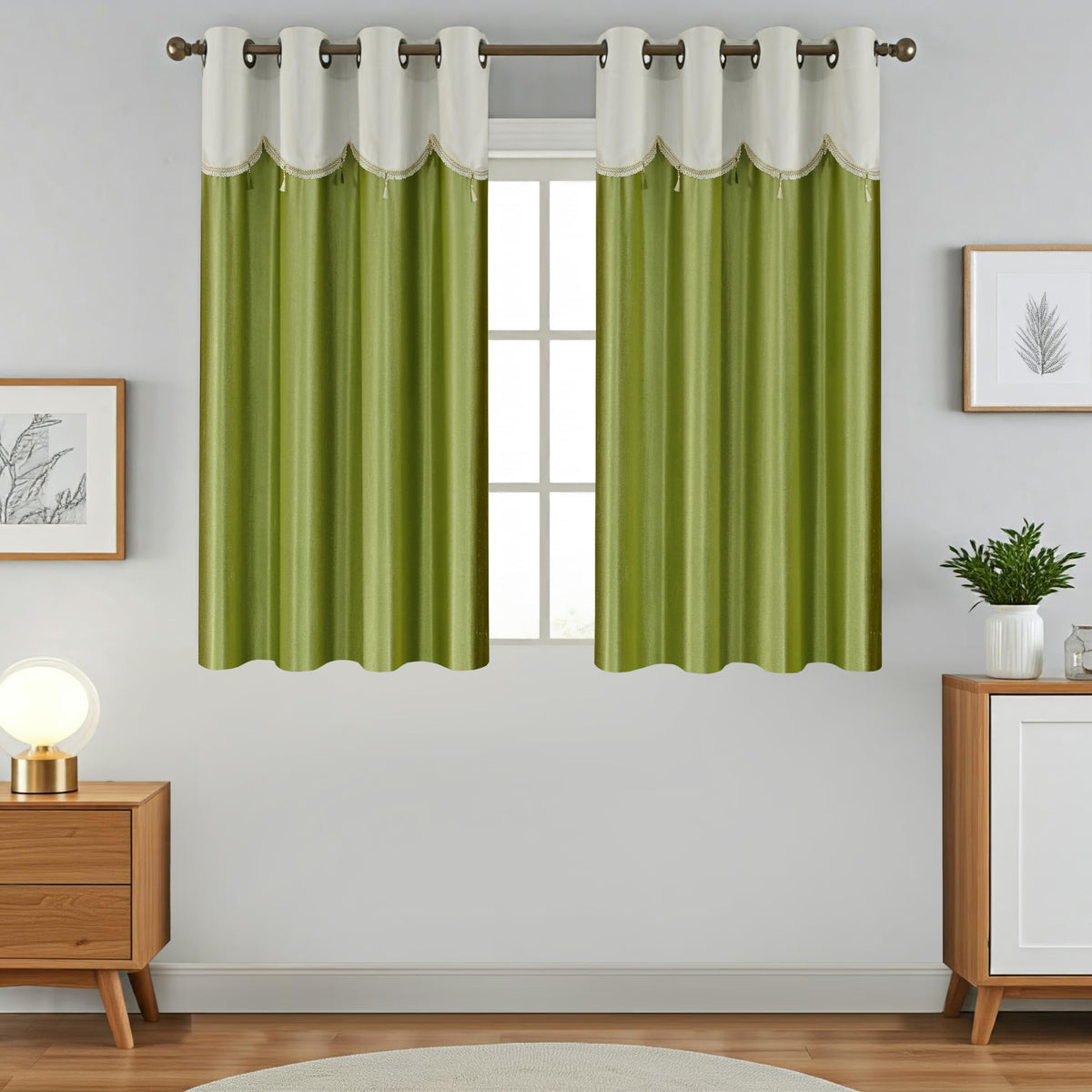 Homefab India Designer Lace Eyelet Polyester Curtains; Light Filtering, 5 x 4 feet Window Curtain, Green, Pack of 2 Pieces