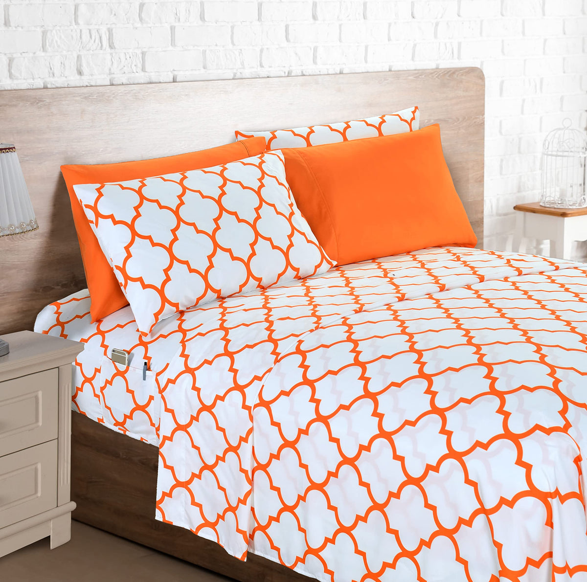 Elegant Comfort 6-Piece Moroccan Trellis Print Sheet Set, Super Cozy, Fade And Wrinkle Resistant, 1500 Premium Hotel Quality Microfiber, Deep Pocket Fitted Sheet With Smart Pockets, Full, Orange