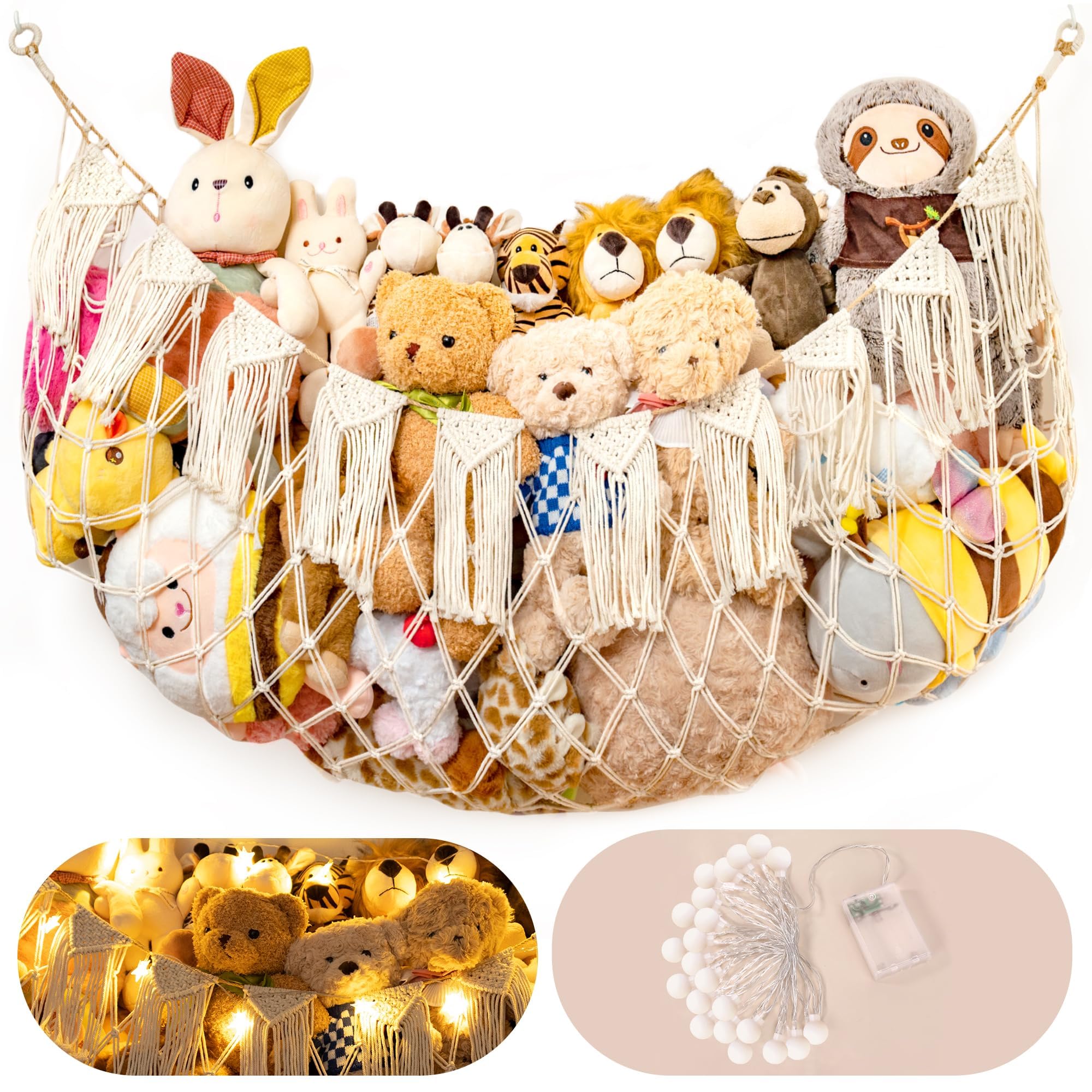 Stuffed Animal Hammock Net with Lights - Big Wall Hanging Stuffed Animal Storage for Plushies and Teddy Bears,Boho Macrame Toy H