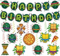 Birthday Decorations Set Include Banner and Hanging Swirls Green Happy Birthday Banner, Pizza and Turtle Pattern Double-sided Cu