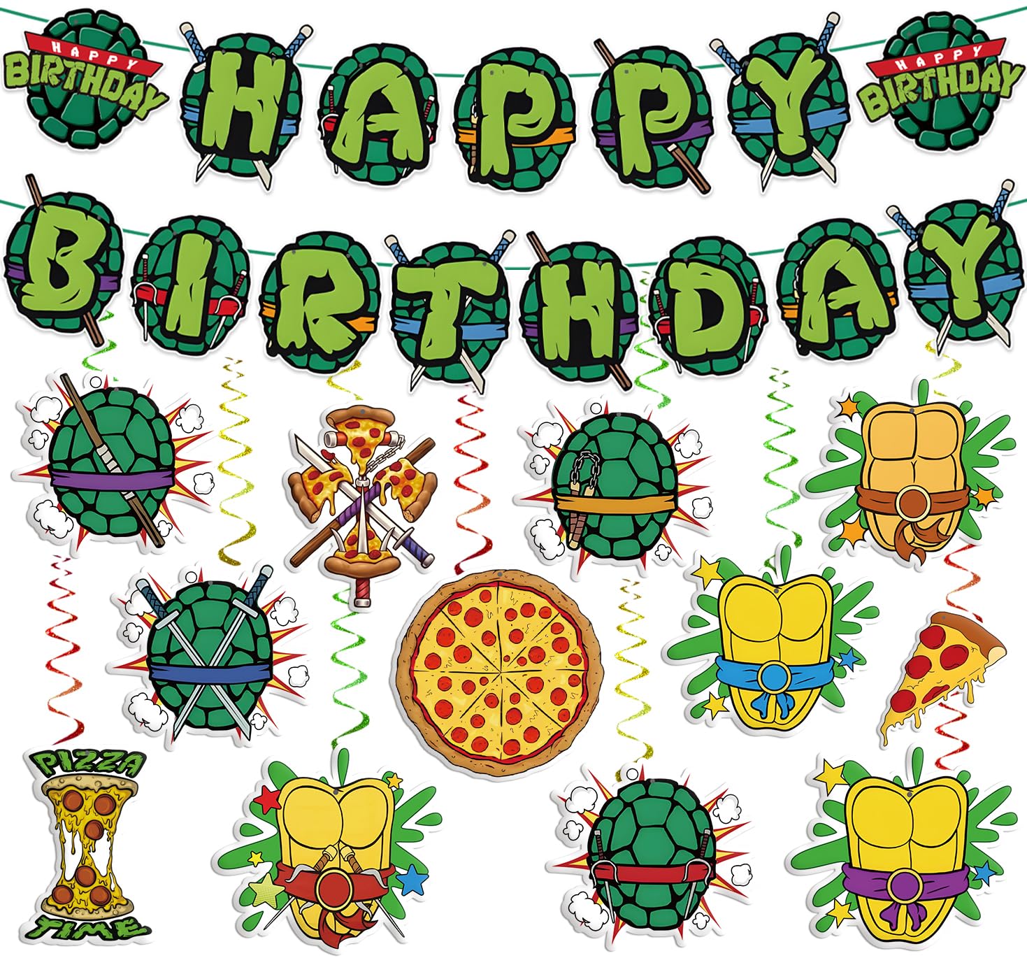Birthday Decorations Set Include Banner and Hanging Swirls Green Happy Birthday Banner, Pizza and Turtle Pattern Double-sided Cu