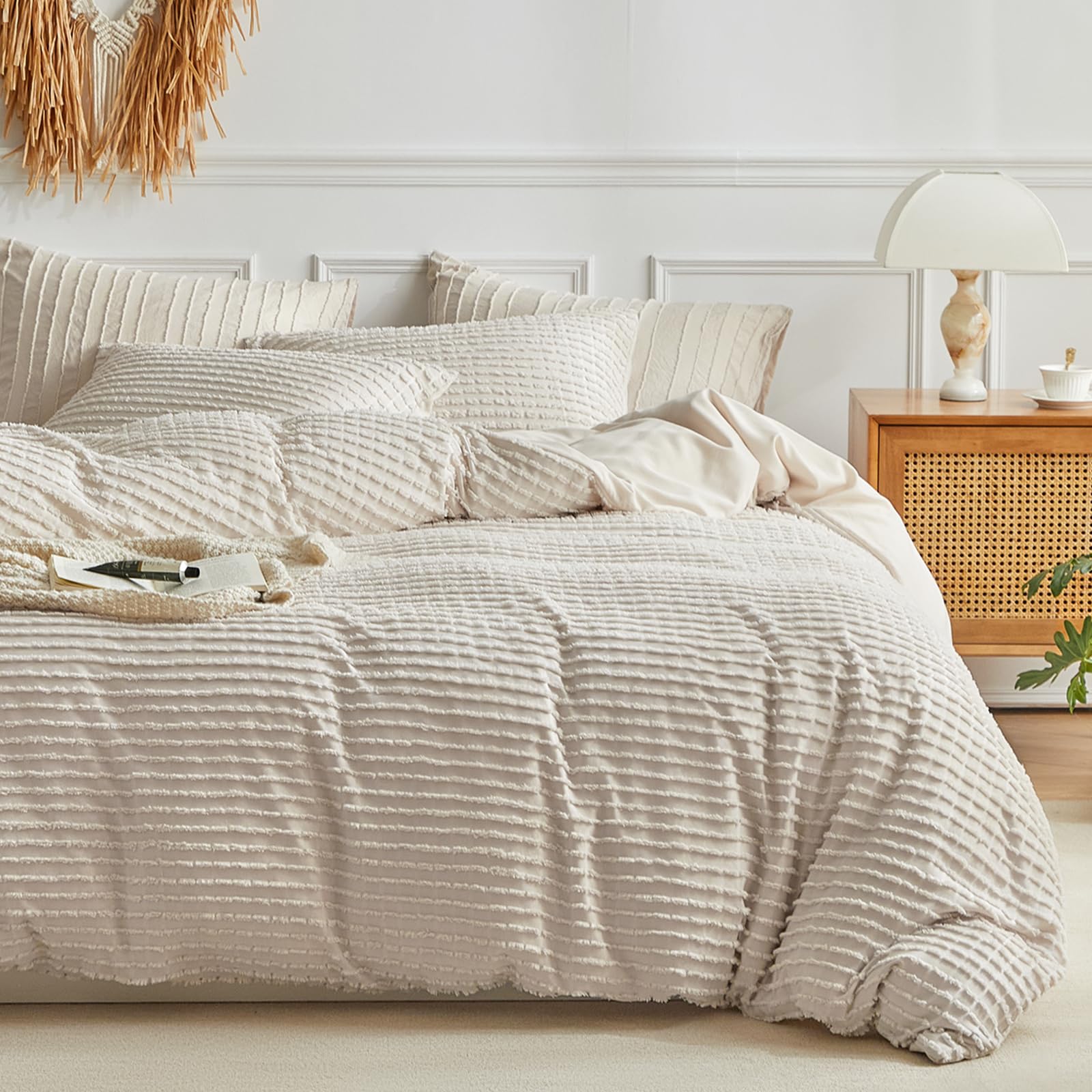 Warmdern Boho Duvet Cover Set Queen Size,Khaki Striped Duvet Cover Microfiber Bedding Set,3Pcs Ultra Soft Breathable Lightweight