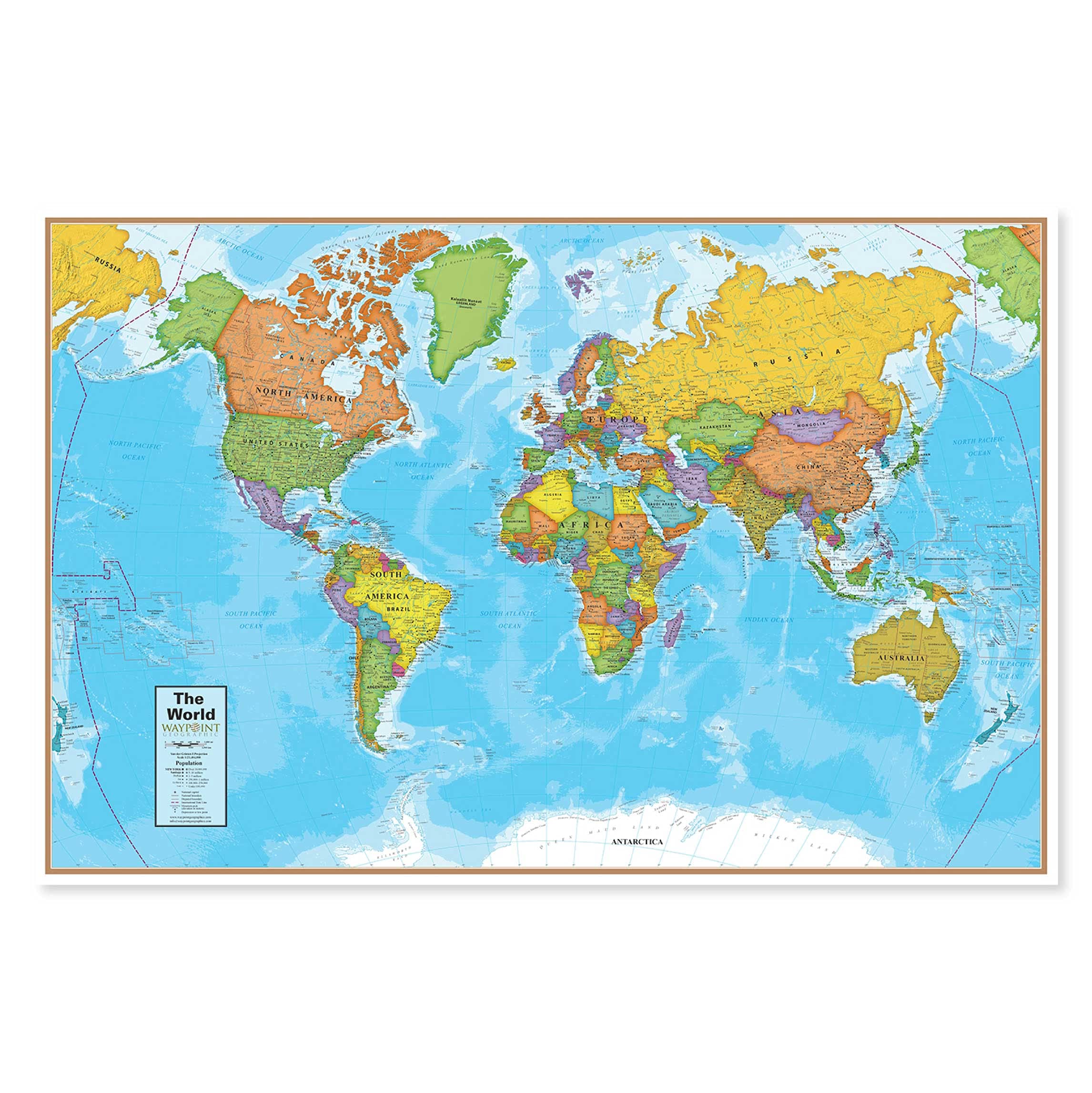 Waypoint Geographic Blue Ocean World Wall Map (24'' x 36'') - Current Up-to-Date - 1000's of Named Locations & Points of Interes