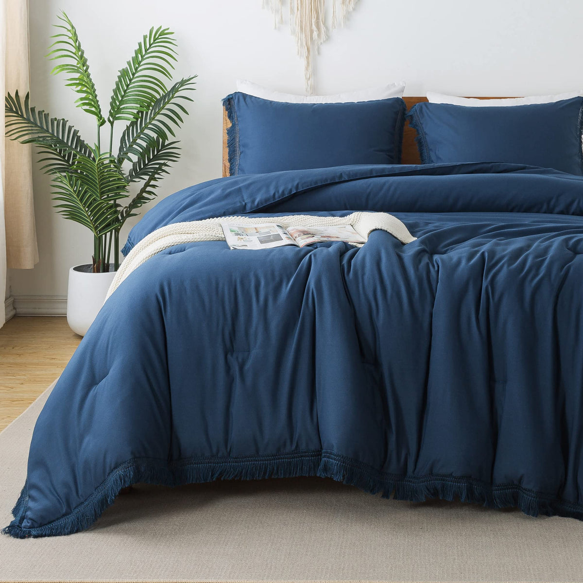 Andency Navy Blue Comforter Set Full Size, 3 Pieces Boho Tassel Lightweight Bedding Comforter Sets, All Season Soft Fluffy Fringe Bed Set (79X90In Comforter & 2 Pillowcases)