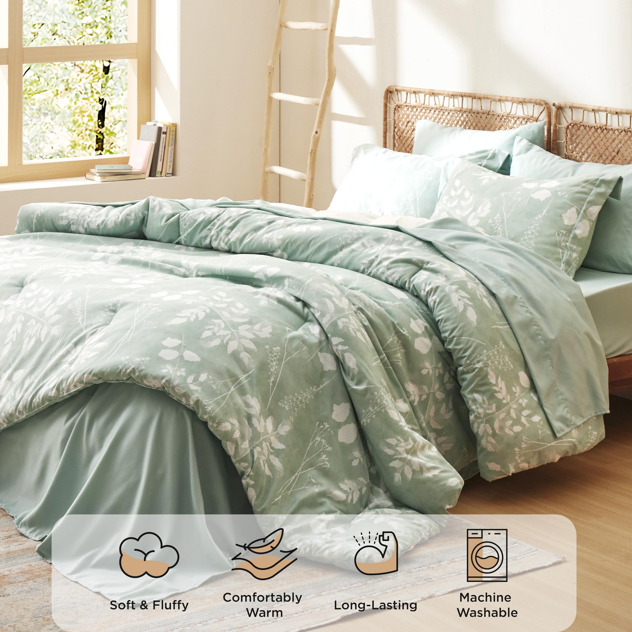 Bedsure Twin Comforter Set - 5 Pieces Floral Sage Green Soft Bedding Sets, Twin Bed In A Bag With Botanical Flowers Comforter, Sheets, Pillowcase & Sham