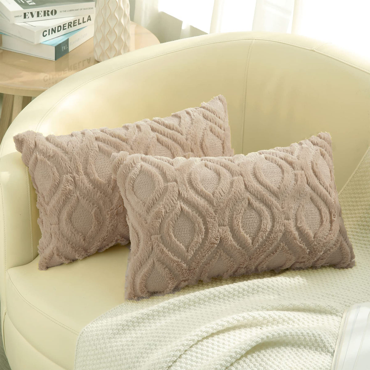 Decoruhome Decorative Throw Pillow Covers 12X20, Soft Plush Faux Wool Lumbar Couch Pillow Covers Set Of 2, Khaki