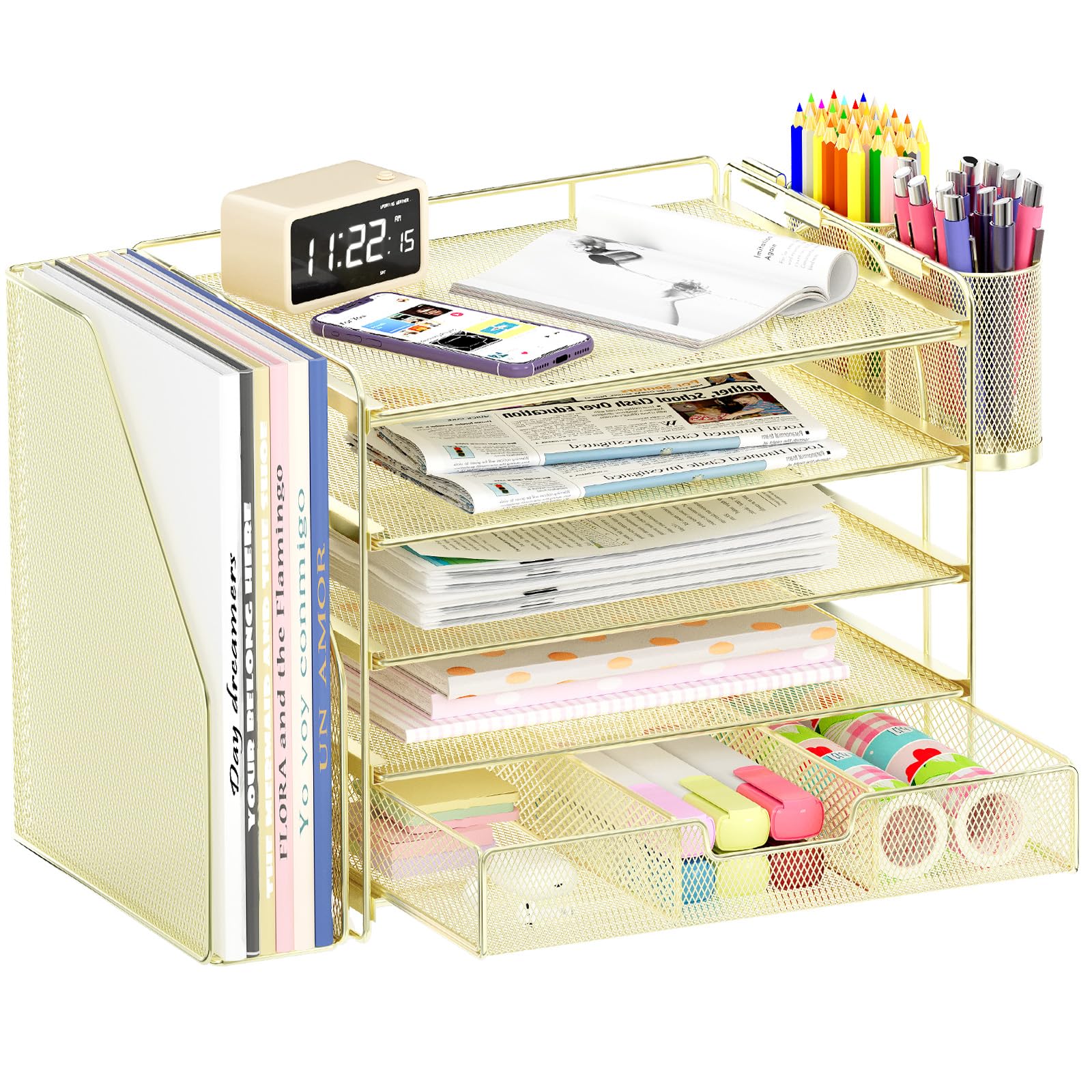 Opnice Desk Organizers And Accessories, 5-Tier Paper File Organizer With Drawer & Pen Holder, Office Desk Accessories Workspace