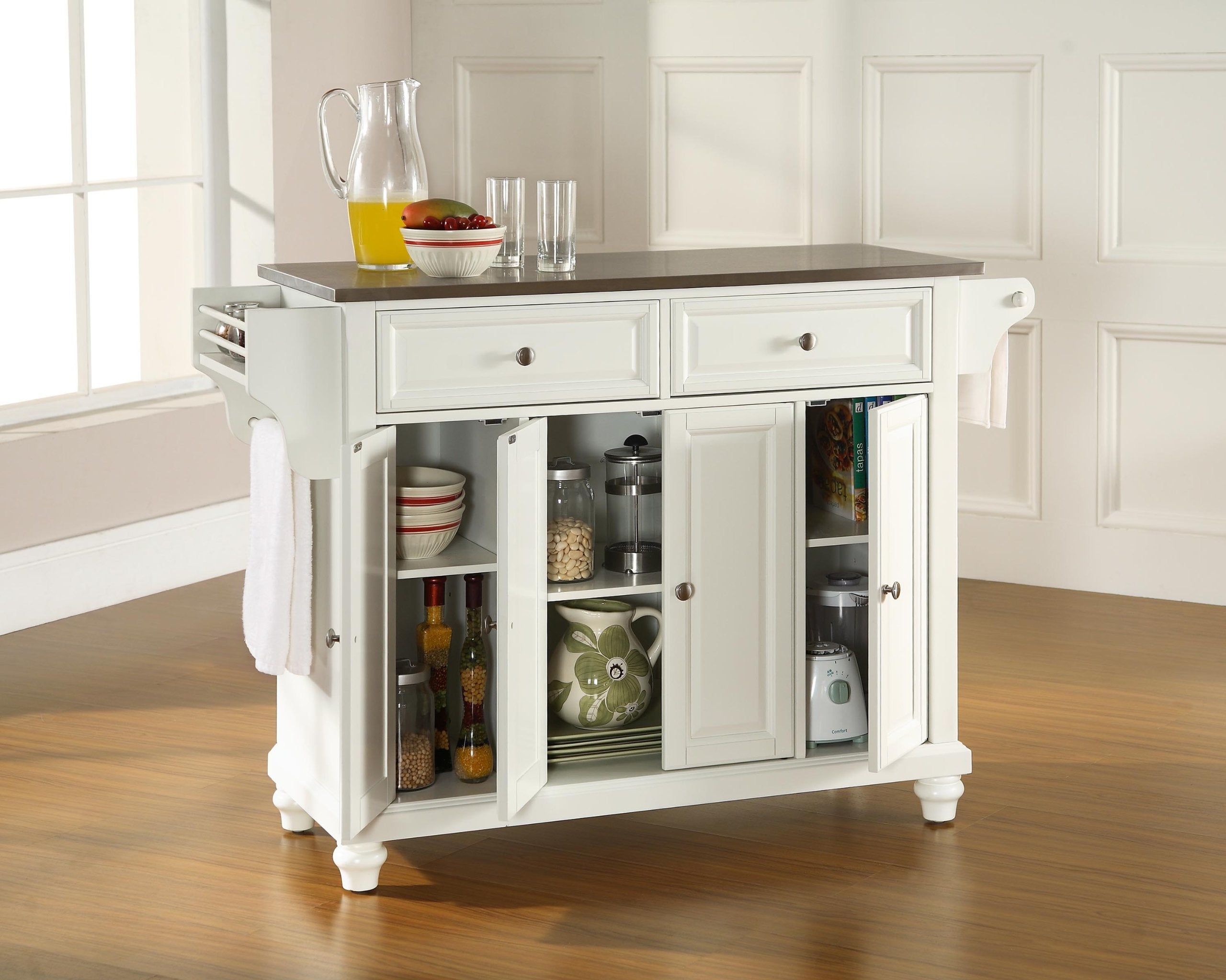 Crosley Furniture Cambridge Stainless Steel Top Rolling Kitchen Island Storage Cart, Spice Rack, White