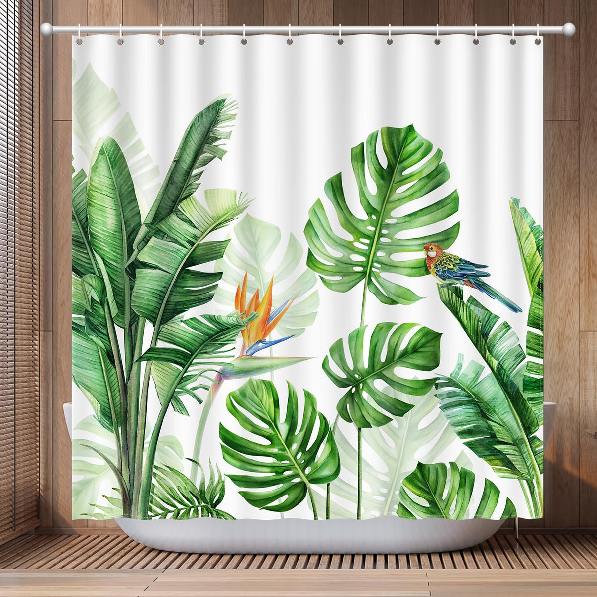 Tropical Plants Shower Curtain, Green Monstera Leaf Shower Curtain With Bird, Polyester Fabric Thick Waterproof Shower Curtain S
