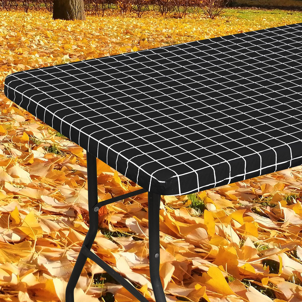 Spotjoy Rectangle Vinyl Table Cloth, Elastic Fitted Flannel Backed Plastic Table Covers For 6 Foot Folding Tables, Waterproof Fo