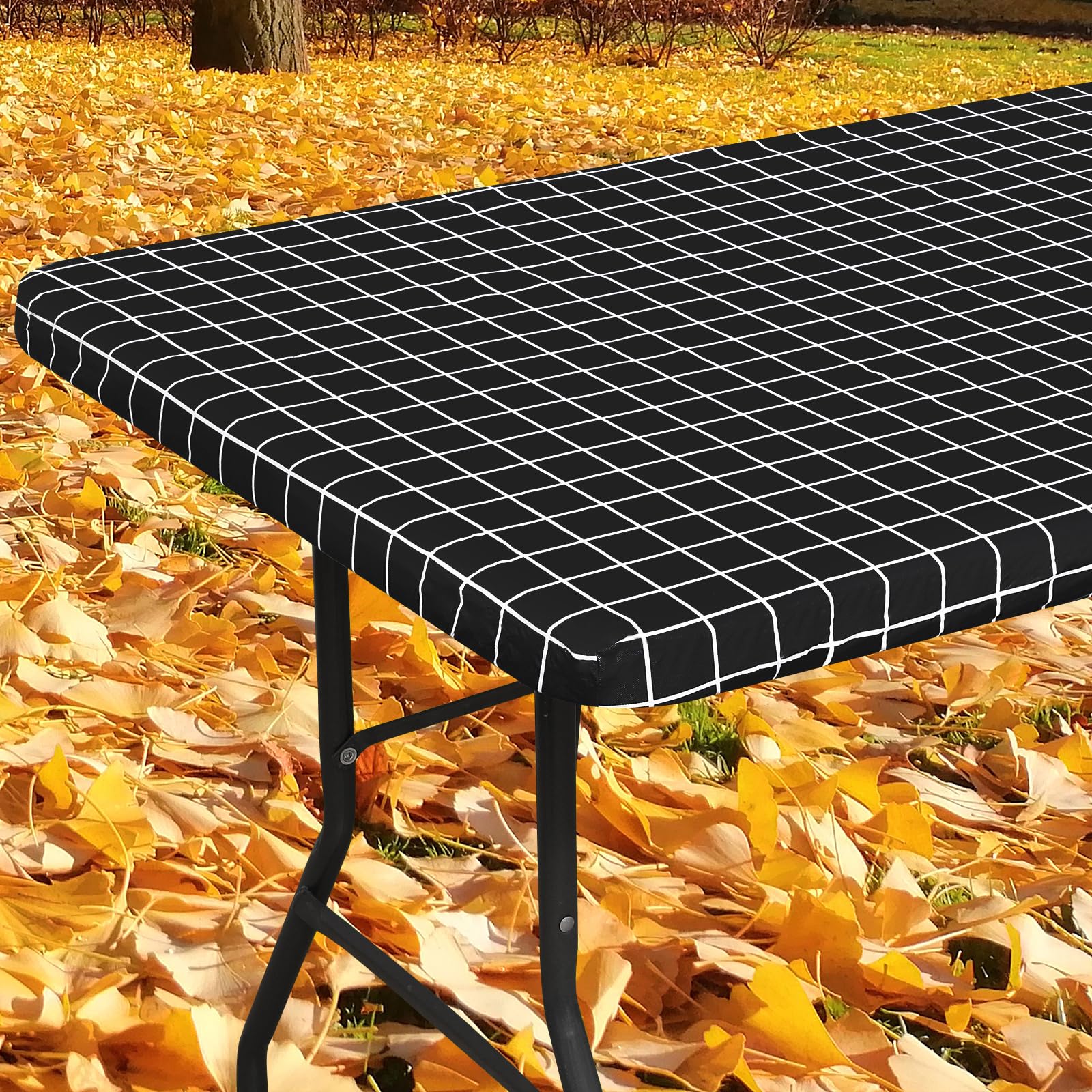Spotjoy Rectangle Vinyl Table Cloth, Elastic Fitted Flannel Backed Plastic Table Covers For 6 Foot Folding Tables, Waterproof Fo