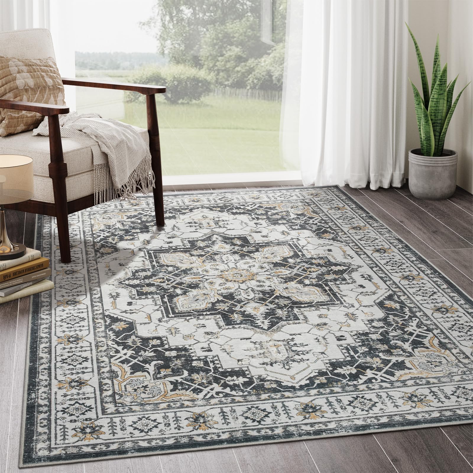 zesthome 5x7 Area Rugs, Machine Washable Rugs for Living Room, Bedroom,Stain Resistant Vintage Large Area Rug,Non-Slip Medallion