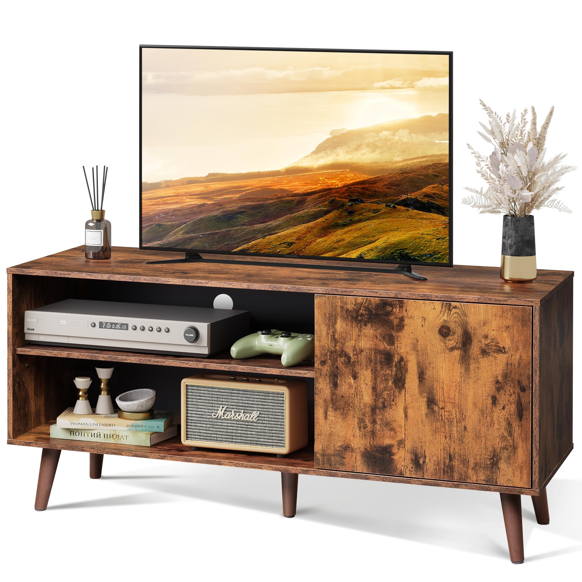 Wlive Tv Stand For 55 Inch Tvs, Entertainment Center With Storage Cabinet, Mid-Century Tv Stands For Living Room And Bedroom, 50' Tv Console, Brown