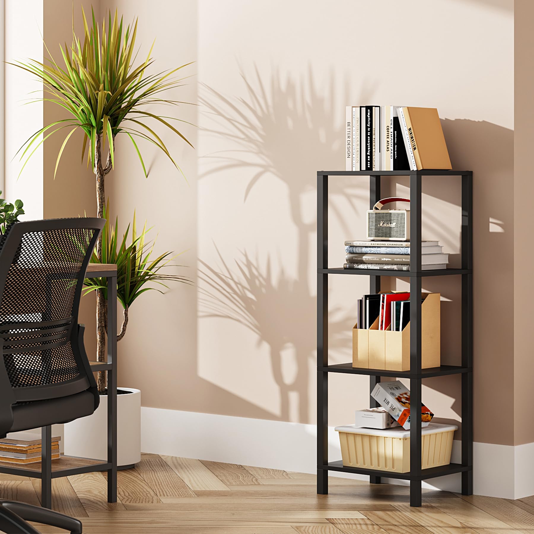 Tutotak Bookshelf, 4-Tier Tall Book Shelf, Narrow Bookcase For Small Space, Diy Stackable Bookshelf, For Living Room, Office, Study, Entryway, Industrial, Black Bs01Bk004