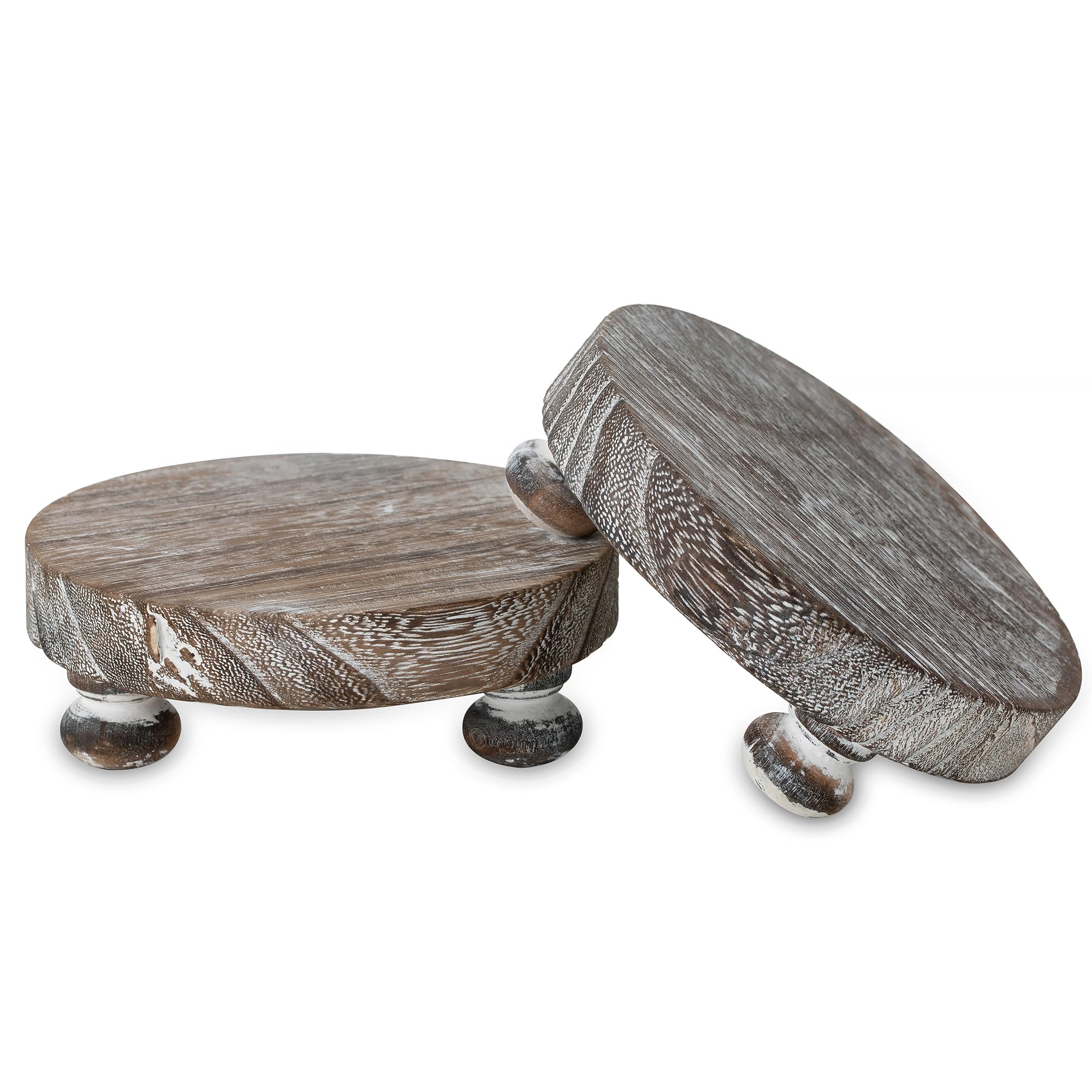 Romadedi Farmhouse Wood Riser for Display - Set of 2 Rustic Decor Mini Wooden Pedestal Stand Decorative Round Tray for Home Tabl