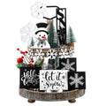 FairySandy 15 Pcs Winter Tiered Tray Decor Set Black and White Snowflake Table Wood Decor Snowman Wooden Sign Rustic Farmhouse C