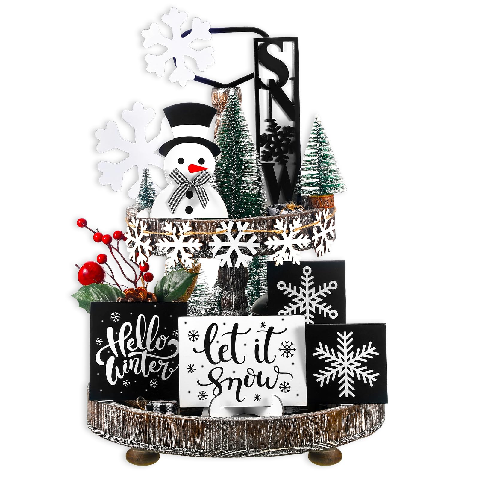 FairySandy 15 Pcs Winter Tiered Tray Decor Set Black and White Snowflake Table Wood Decor Snowman Wooden Sign Rustic Farmhouse C