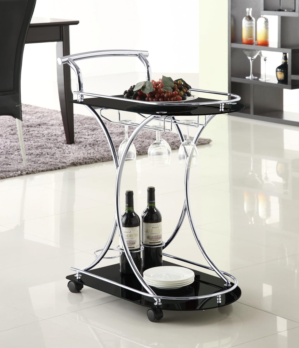 Coaster Home Furnishings Elfman 2-Tier Glass Shelf Metal Bar Cart Black and Chrome 910001