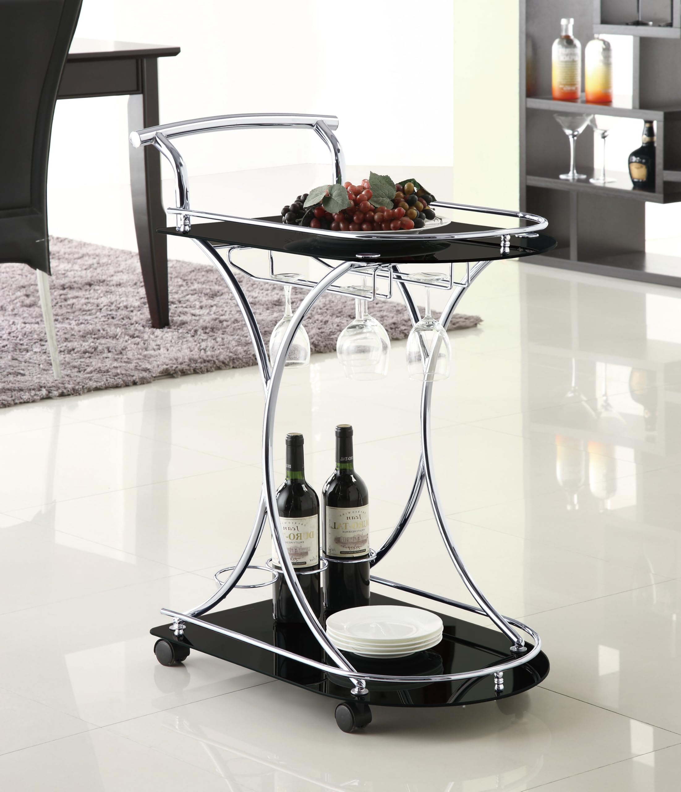 Coaster Home Furnishings Elfman 2-Tier Glass Shelf Metal Bar Cart Black and Chrome 910001