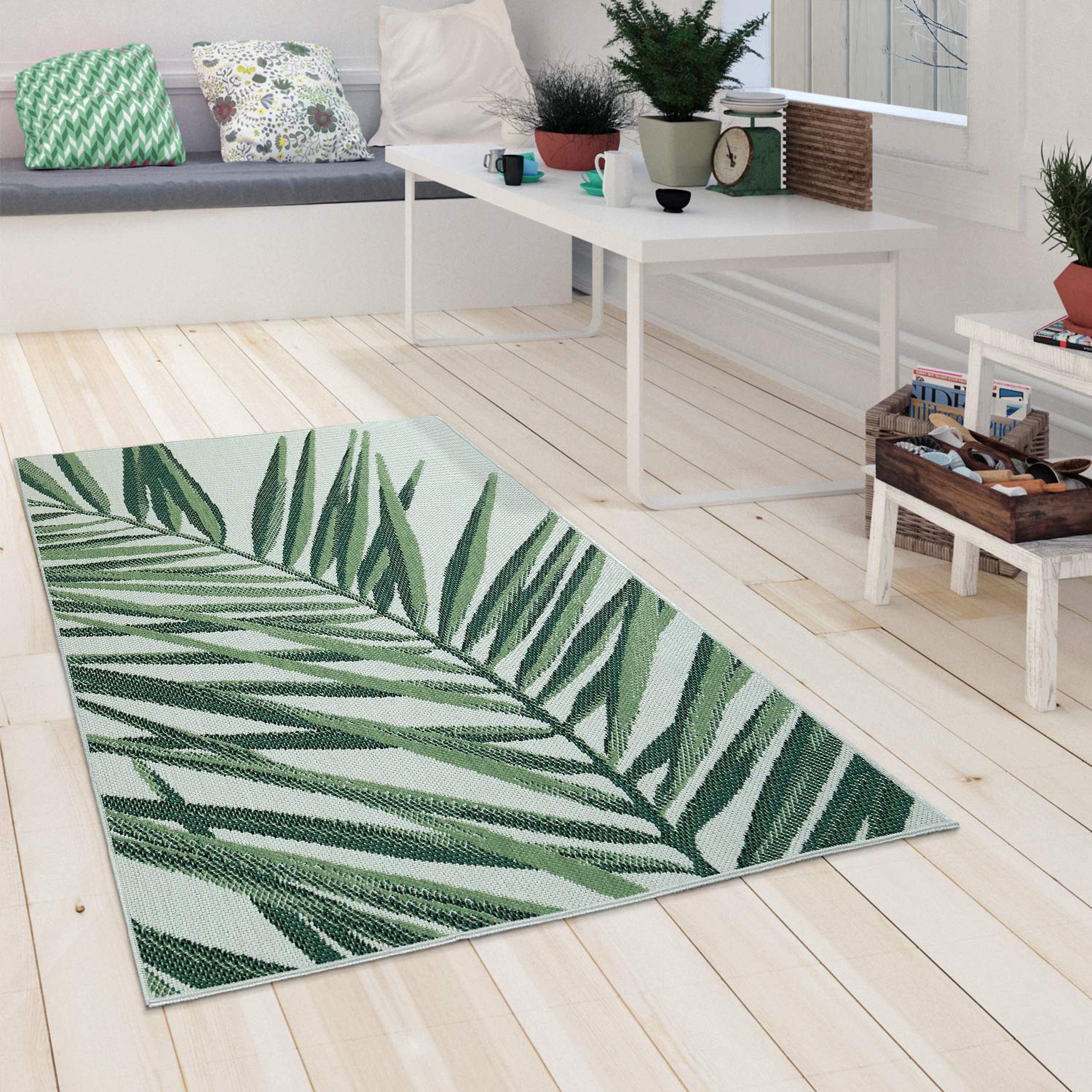 Outdoor Rug Green Beige With Palm Leaf Pattern For Patio Terrace Flat Weave, Size: 6'7' X 9'6'