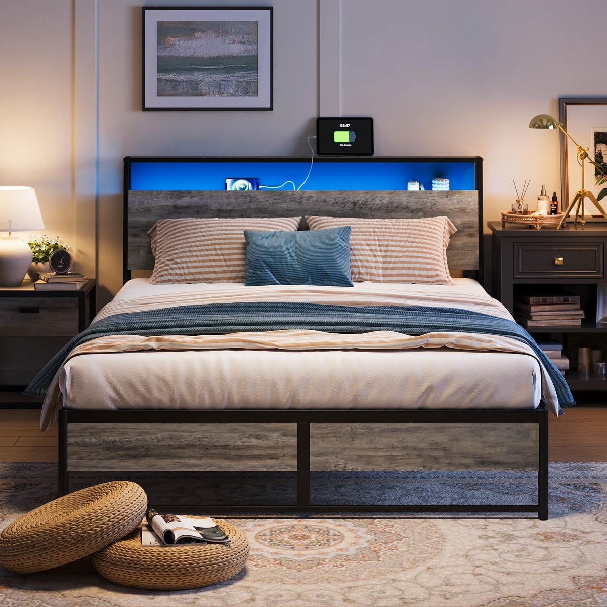 Linsy Full Bed Frame With Storage, Ergonomic Headboard, 14 Inch Fast Assembly Metal Bed With Lights, Outlets & Usb, Full Size, N