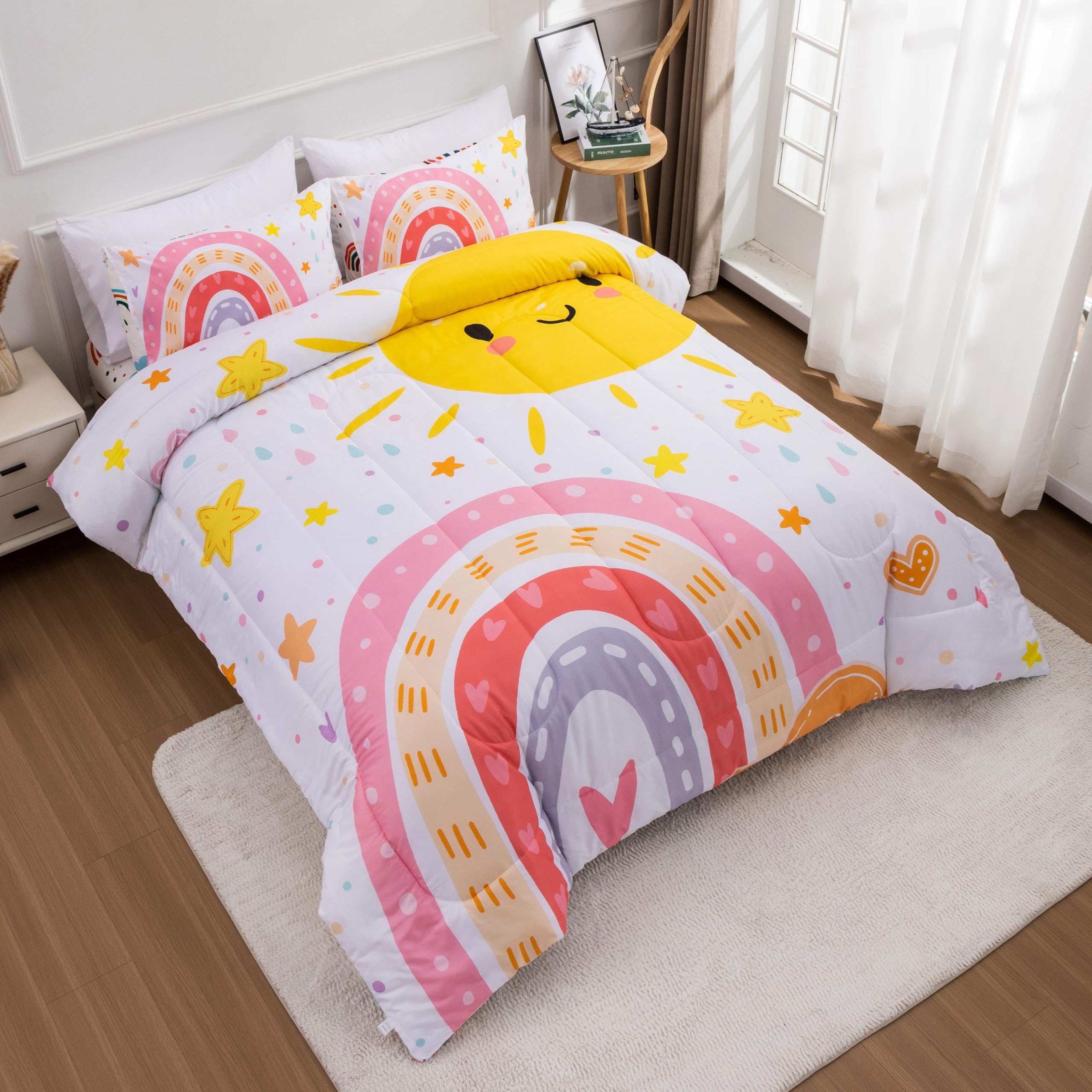 Btargot Lightweight Soft 3 Piece Rainbow Comforter Set With 2 Pillow Covers, Cartoon Love Hearts Flowers And Sun Star Bedding Se