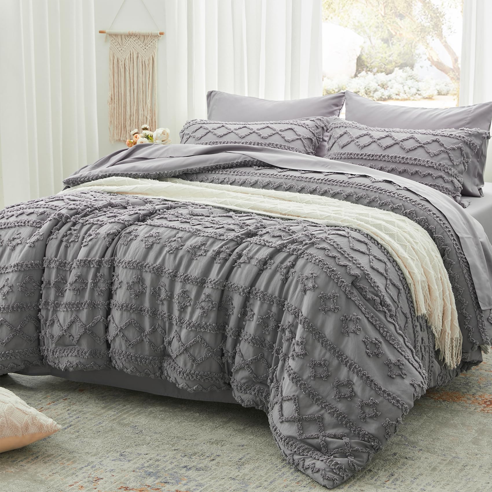 Anluoer Full Comforter Set 7 Pieces, Grey Tufted Bed In A Bag With Comforters And Sheets, All Season Bedding Sets With 1 Comfort