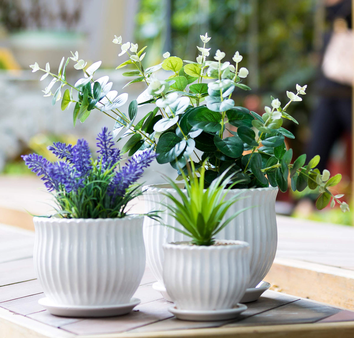 Nattol Ceramic Flower Plant Pots With Saucers, Modern Round Ceramic Succulent Planter Pots With White Stripe Texture, Small To M
