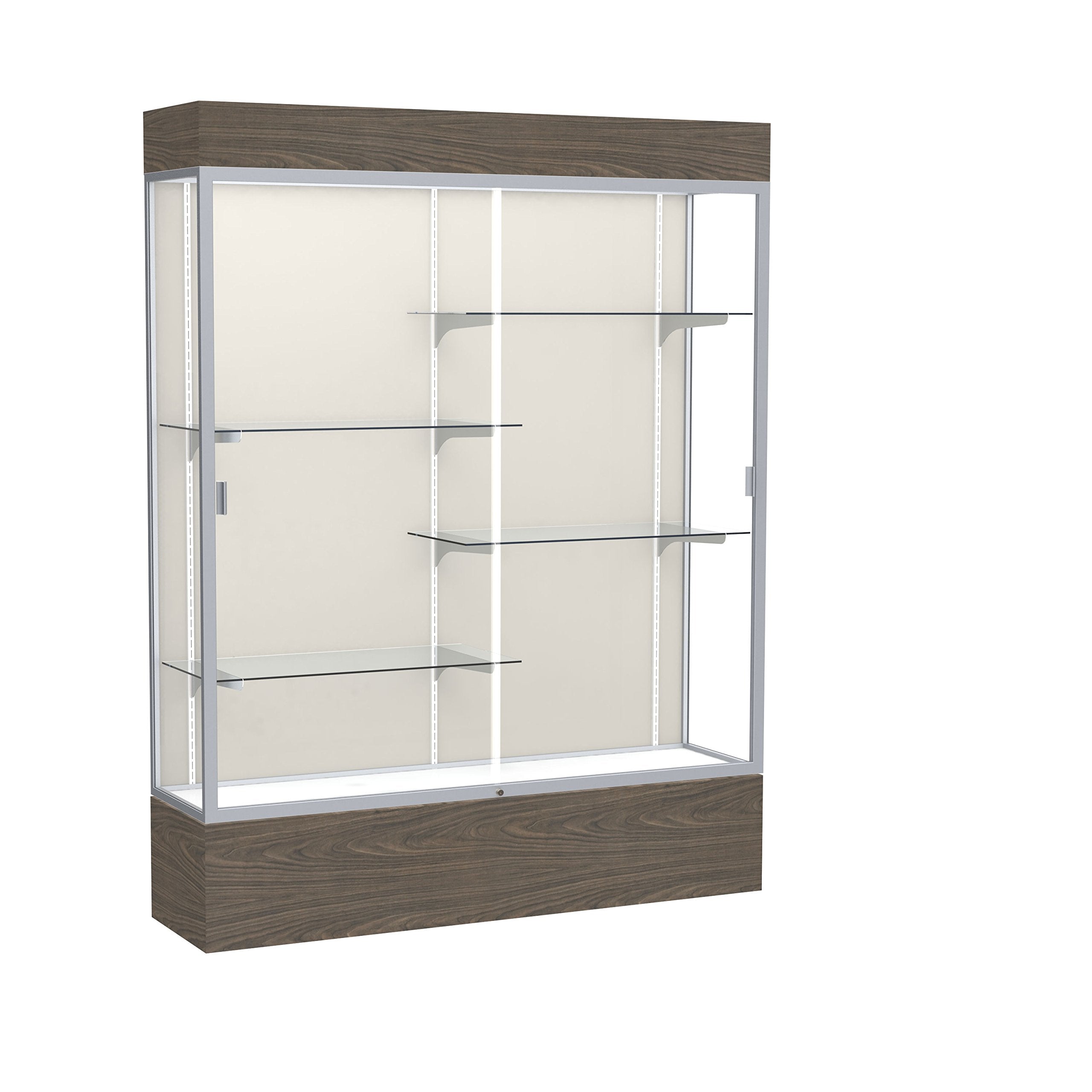 Waddell Reliant Lighted Vinyl Floor Display case, 60"x80"x16", Walnut/Satin Natural