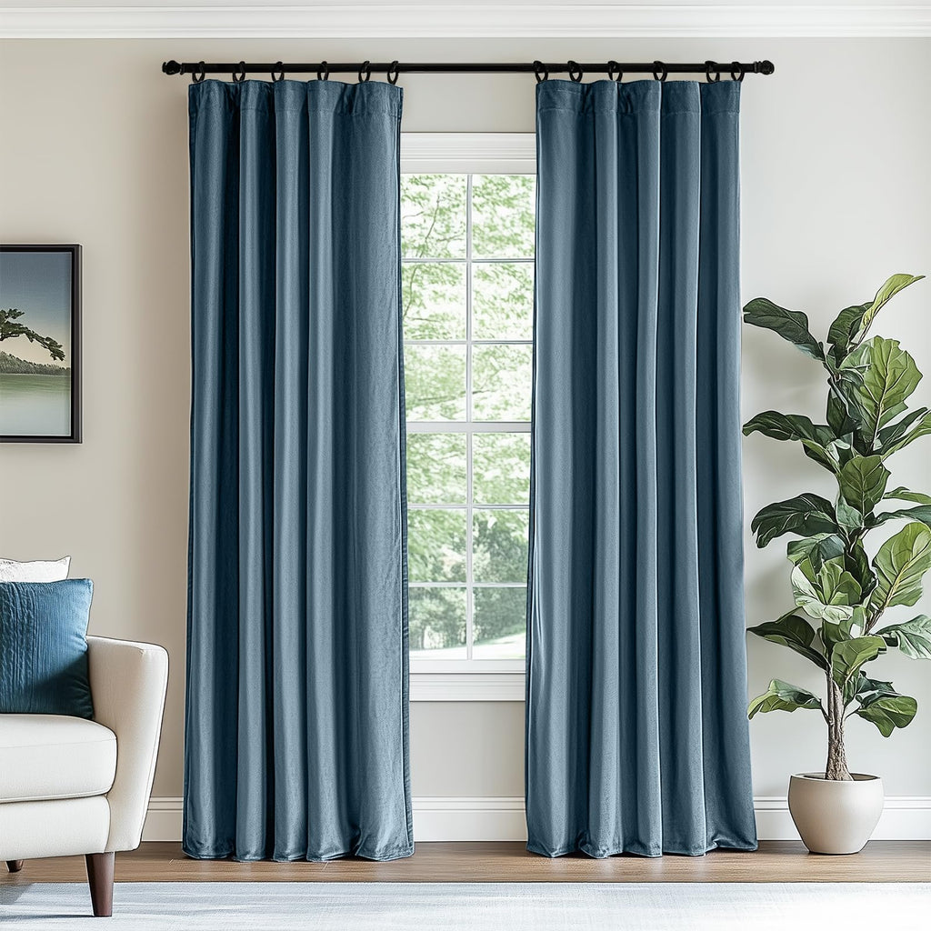 Lazzzy Blue Velvet Curtains 108 Inches Long Room Darkening Drapes For Bedroom Living Window Treatments Rod Pocket 2 Panels, Dark Slate, W62 X L108