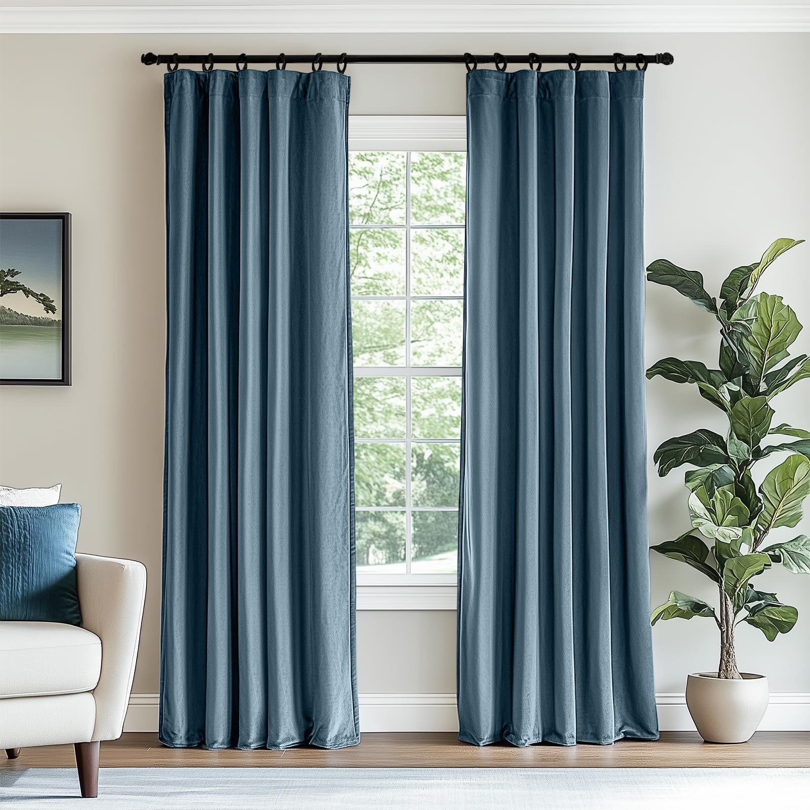 Lazzzy Blue Velvet Curtains 108 Inches Long Room Darkening Drapes For Bedroom Living Window Treatments Rod Pocket 2 Panels, Dark Slate, W62 X L108