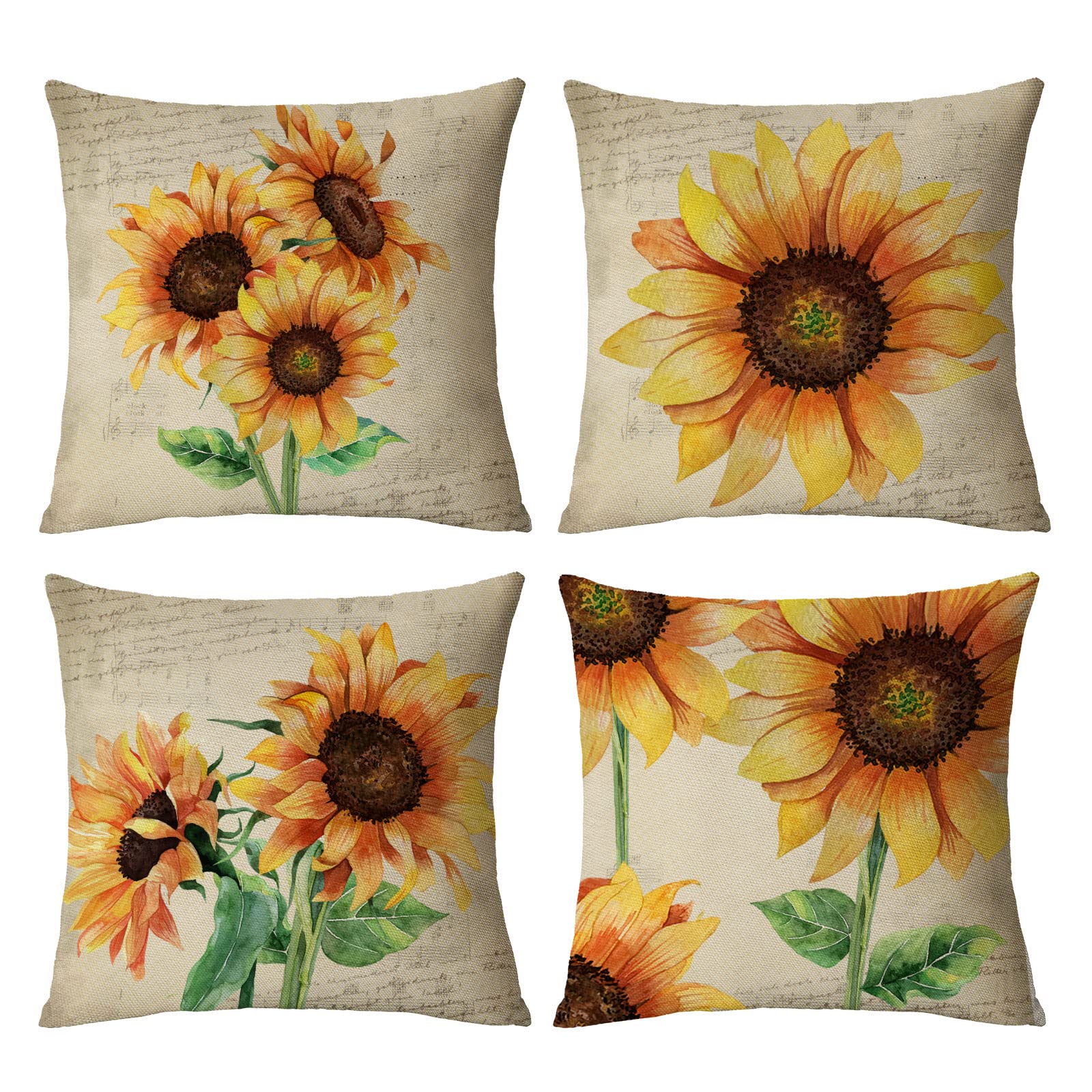 Neatee Living Set Of 4 Sunflower Decorative Throw Pillow Covers 26X26 Inch Plant Pillow Covers Linen Square Pillow Cases Summer