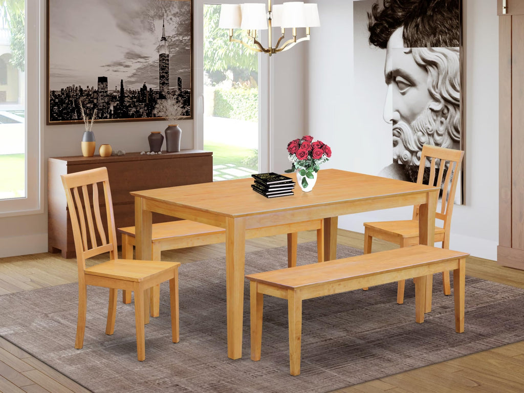 East West Furniture CAAN5C-OAK-W 5 Piece Dining Table Set for 4 Includes a Rectangle Kitchen Table and 2 Dining Chairs with 2 Benches, 36x60 Inch, Oak