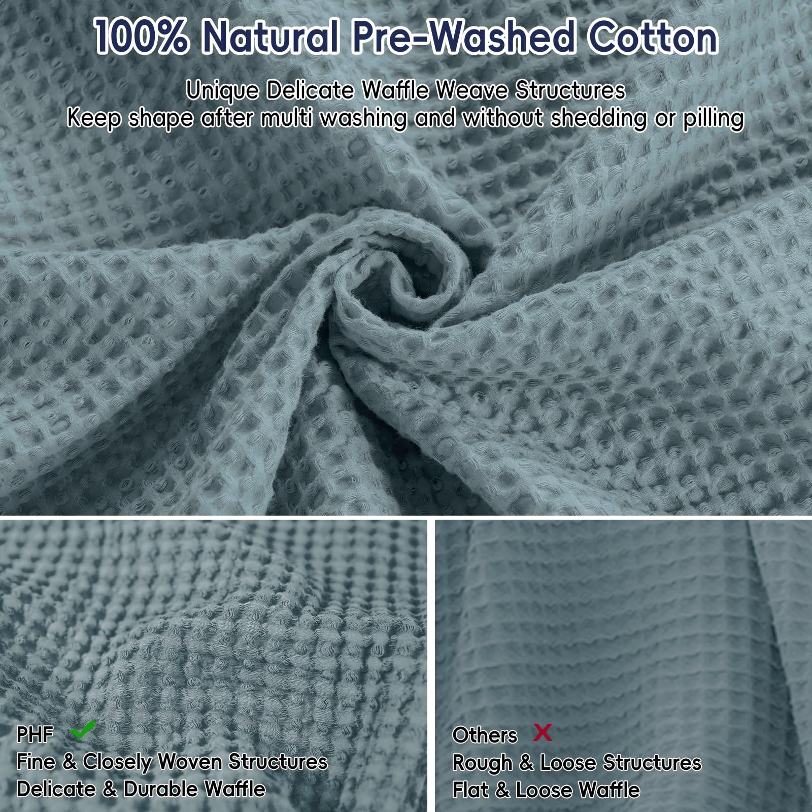 Phf 100% Cotton Waffle Weave Blanket King Size 104' X 90' - Lightweight Cozy Washed Soft Breathable Throw - Perfect Layer For Couch Bed Sofa - Elegant Aesthetic Home Decoration Gift - Ocean
