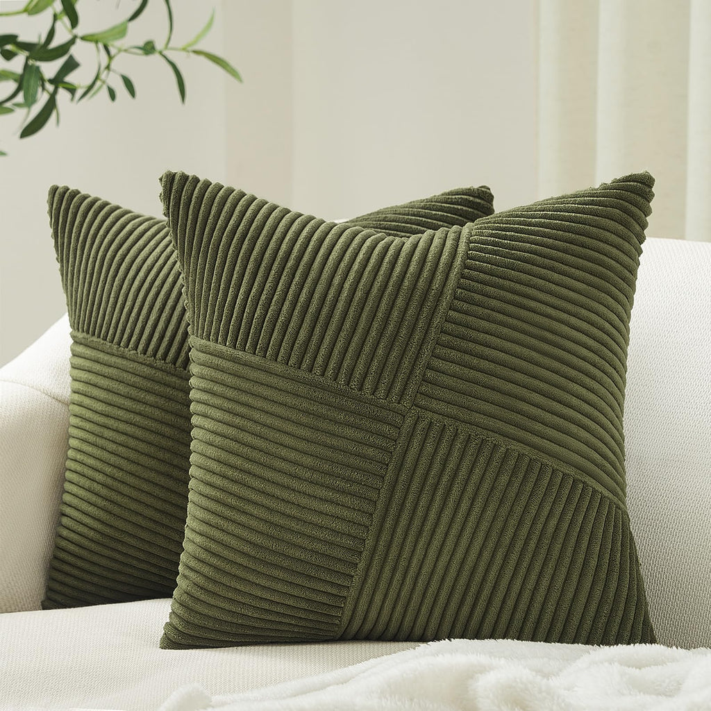 Topfinel 12X12 Inch Olive Green Decorative Throw Pillow Covers Set Of 2,Soft Corduroy Small Couch Pillow Covers Windmill Texture