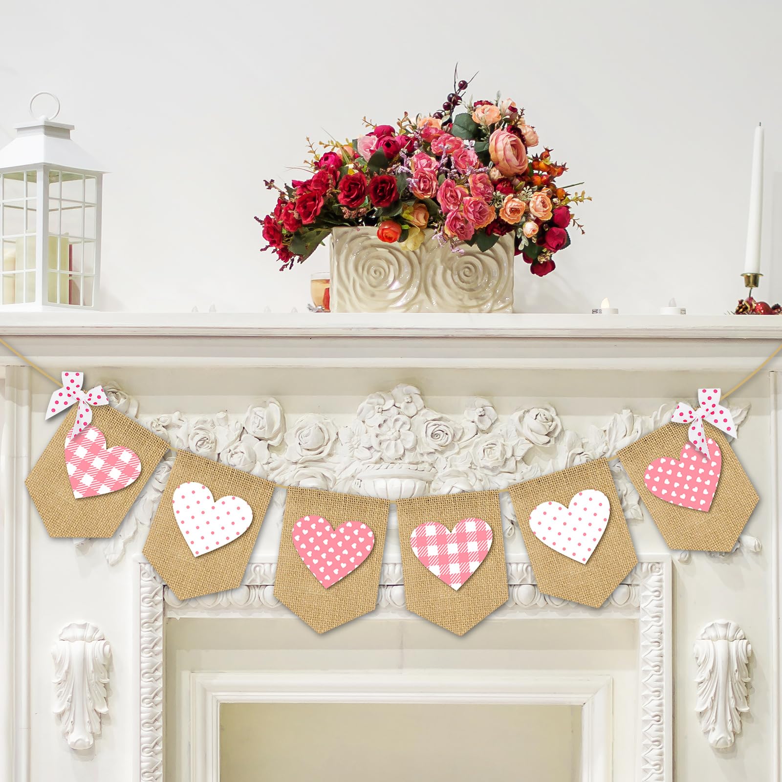 Whaline Valentine's Day Burlap Banner Pink White Heart Double Layer Banner with Bow Sweet Heart Bunting Garland for Wedding Anni