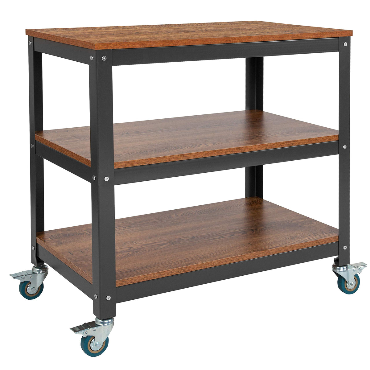 Flash Furniture Livingston Collection 30&quot;W Rolling Storage Cart With Metal Wheels In Brown Oak Wood Grain Finish