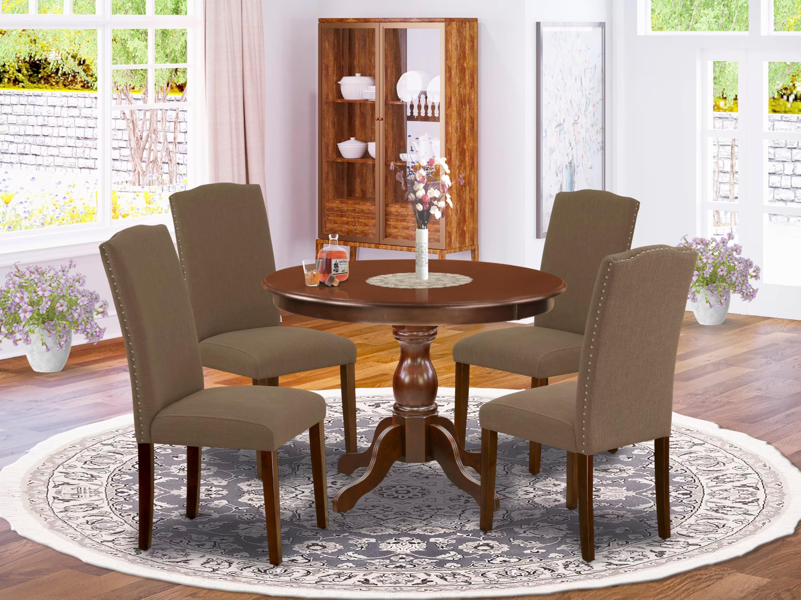 East West Furniture HBEN5-MAH-18 5 Piece Dining Set Includes a Round Dining Room Table with Pedestal and 4 Dark Coffee Linen Fabric Upholstered Parson Chairs, 42x42 Inch, Mahogany