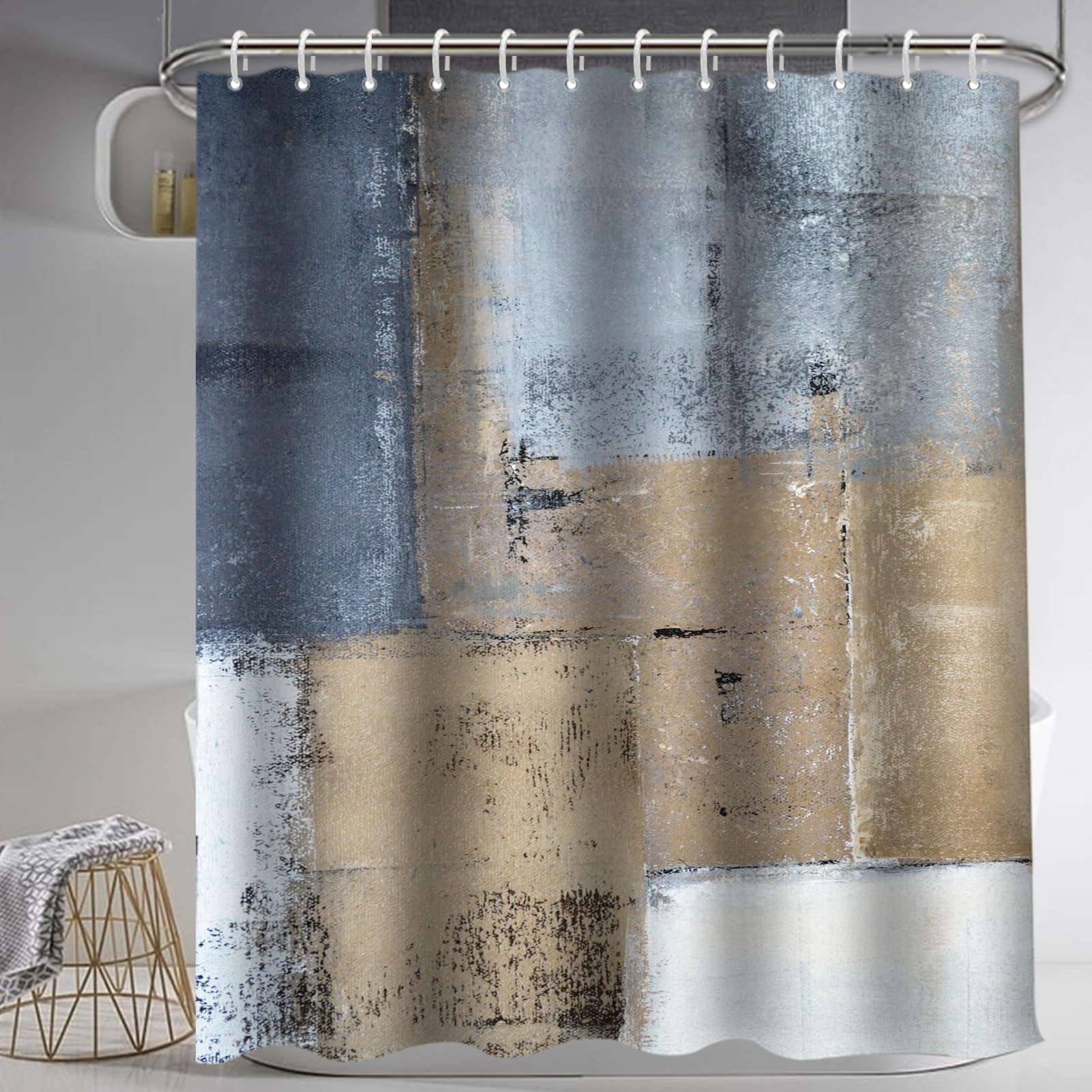 Lnond 4Pcs Bathroom Shower Curtain Sets With Rugs,Brown And Blue Painting Art Bathroom Sets With Shower Curtain And Rugs And Acc