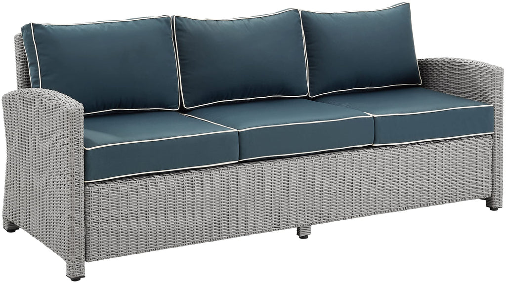 Crosley Furniture Bradenton Wicker Outdoor Sofa, 3-Person Patio Couch for Porch, Deck, Backyard, Gray with Navy Cushions