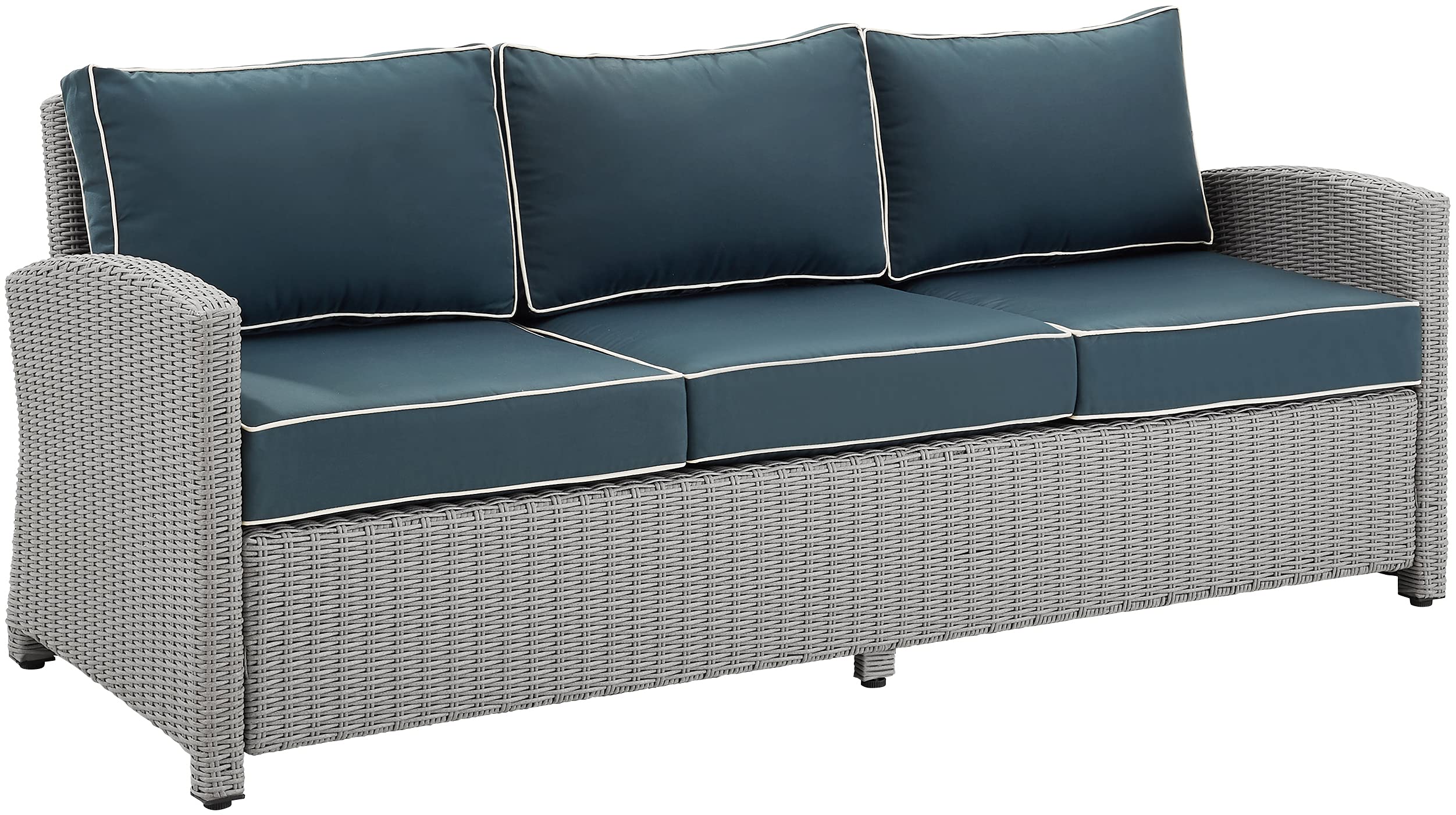 Crosley Furniture Bradenton Wicker Outdoor Sofa, 3-Person Patio Couch for Porch, Deck, Backyard, Gray with Navy Cushions