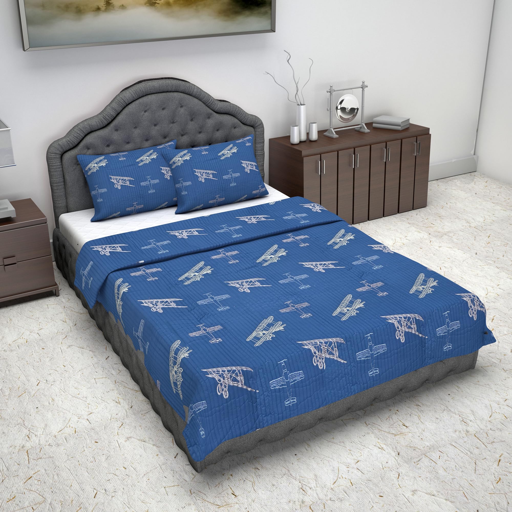 Divine Casa Blue Double Bed Bedspread Set  87X90 Inches  Breathable & Soft With 2 Pillow Covers  Fly Away With Me Theme