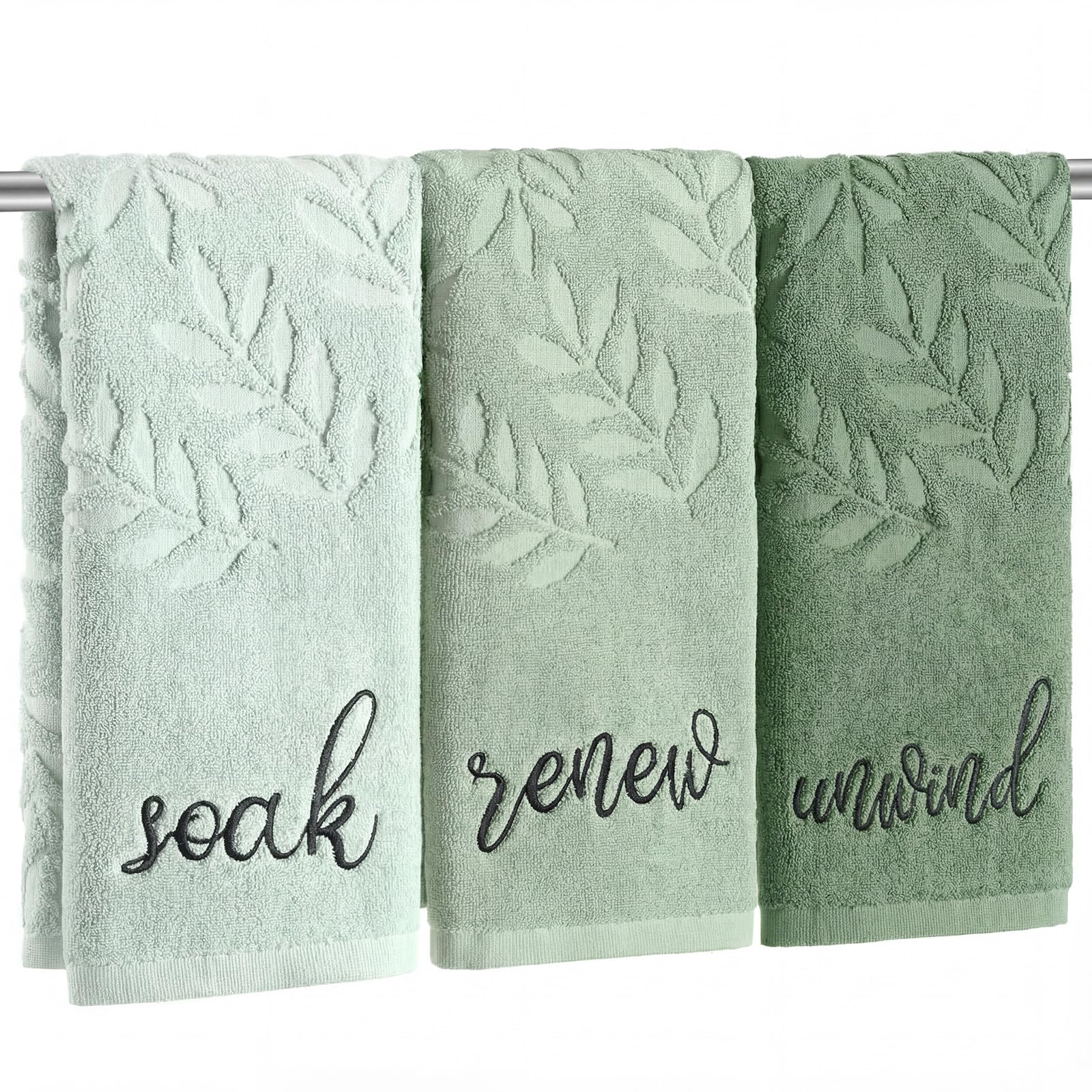 Moukeren 3 Pcs sage Green Hand Towels for Bathroom 100% Cotton Green Leaves Jacquard Embroidered Soak Unwind Breathe Bath Towels