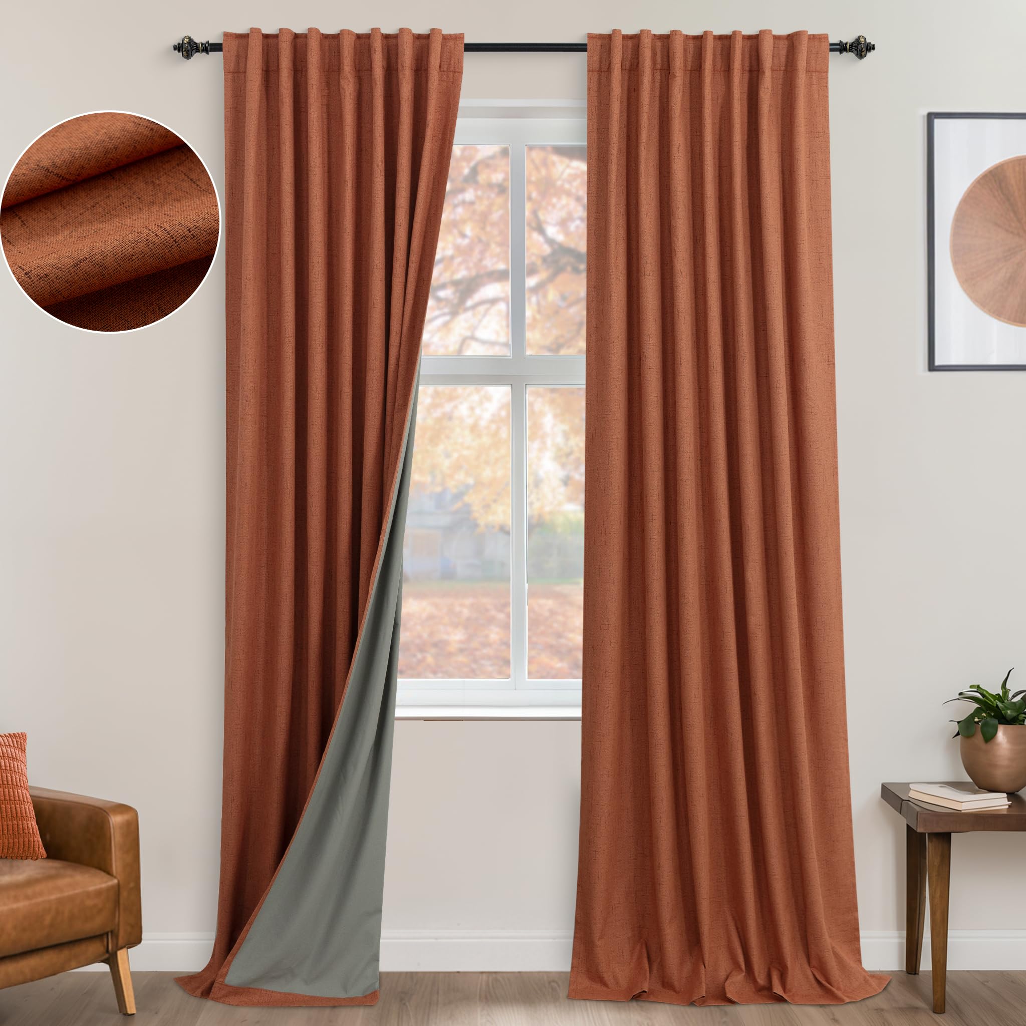 Koufall Rust Linen Curtains 108 Inches Long For Living Room Bedroom, 9Ft Tall Extra Long Boho Room Darkening Blackout Curtain Wi