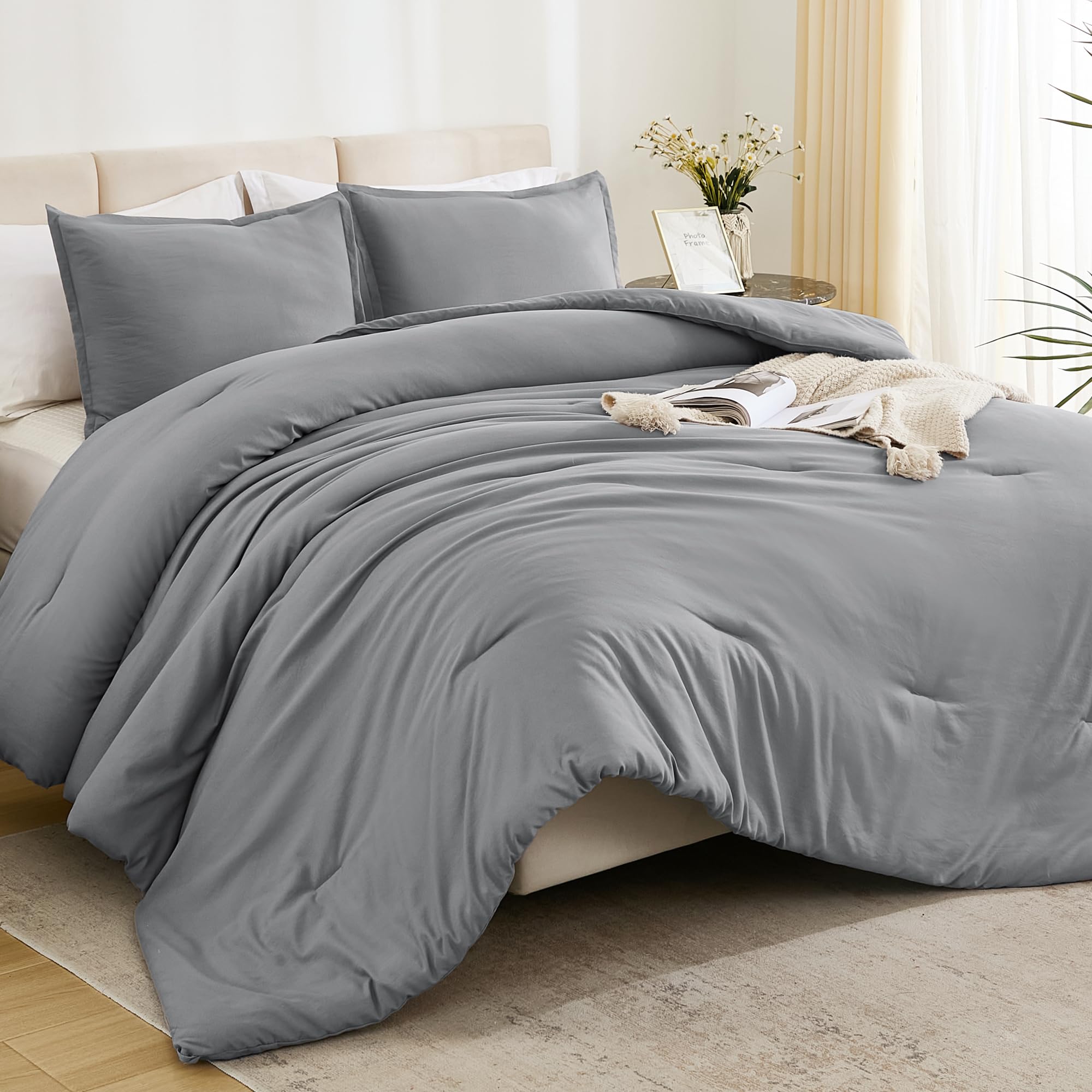 Litanika Comforters Medium Gray California King Size, 3 Pieces Lightweight Solid Bedding Set & Collections, All Season Fluffy Be